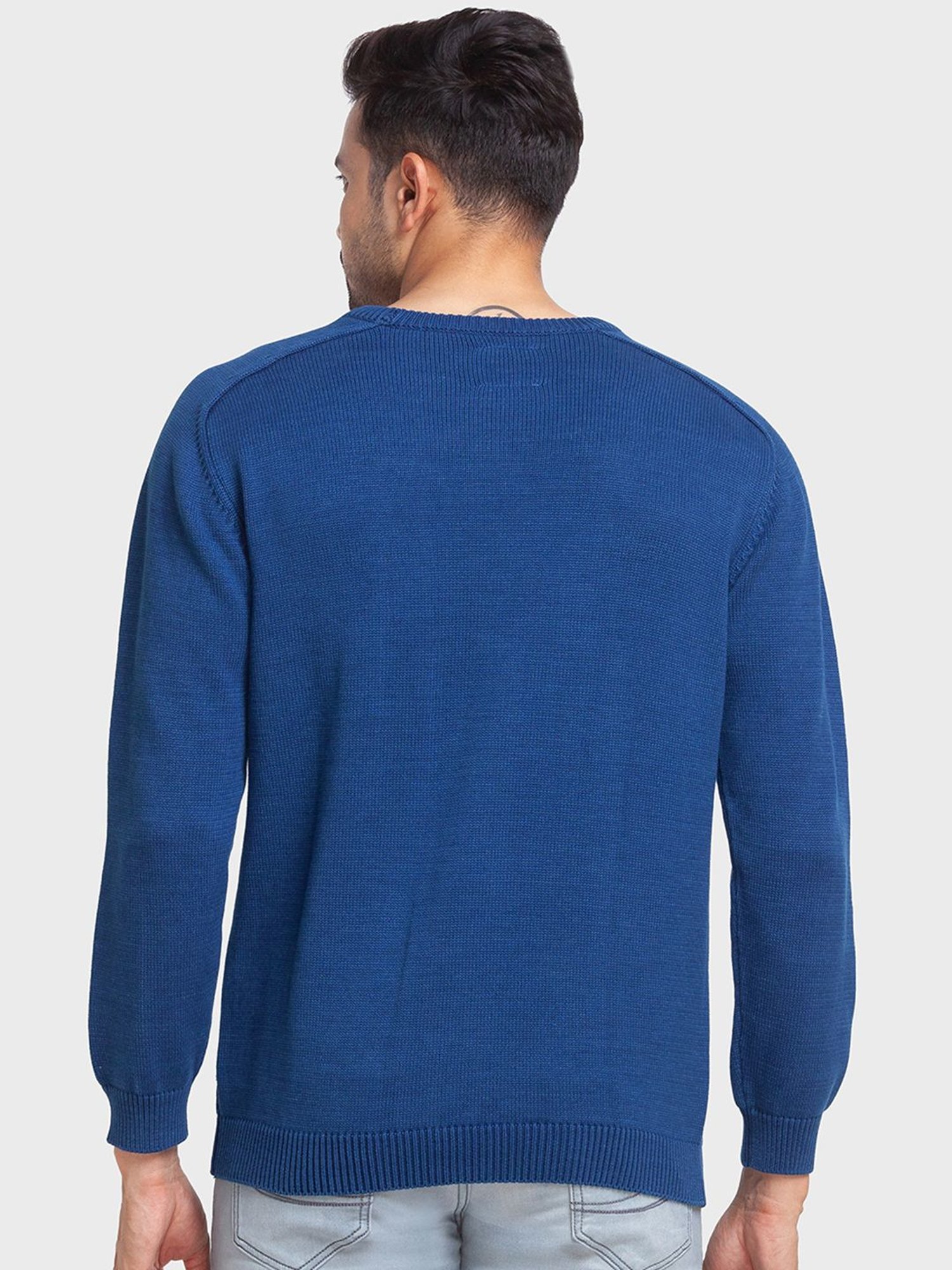 ColorPlus Blue Cotton Tailored Fit Self Pattern Sweaters