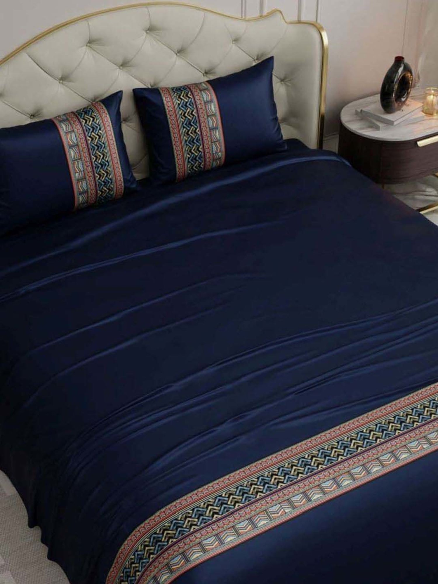 Stoa Paris Navy Polyester 300 TC Regal Renaissance Double Bed Sheet With 2 Pillow Covers
