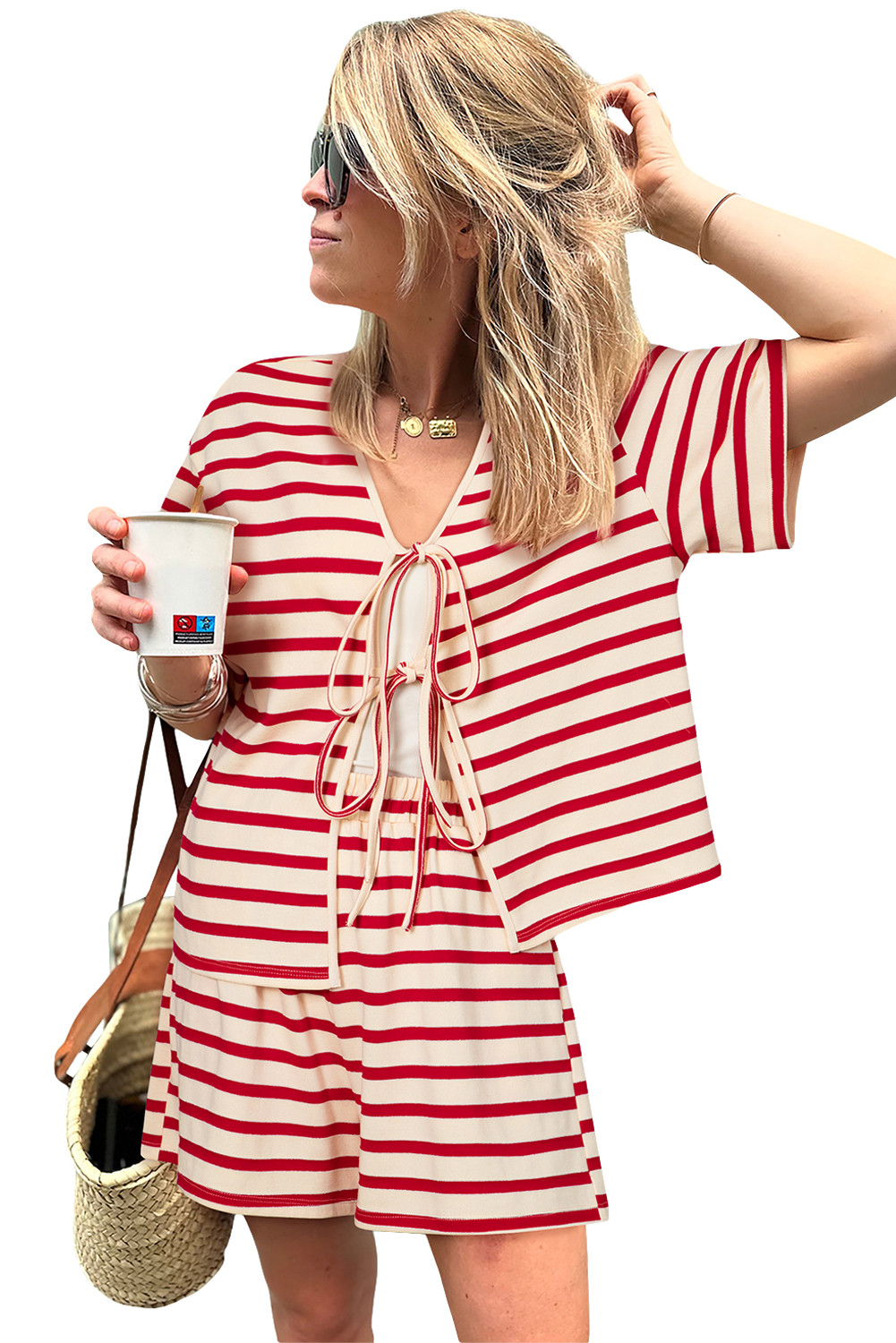 Skobeloff Textured Ruffle Split Top and Drawstring Shorts Set