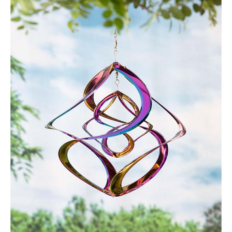 Wind & Weather Vibrant Multi-Colored Iridescent Dual Spiral Hanging Metal Wind Spinner