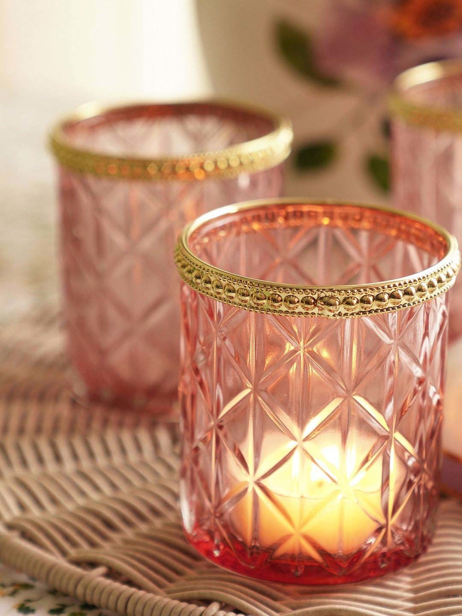 Pure Home and Living Pink Glass Tea Light Holder - Set of 2