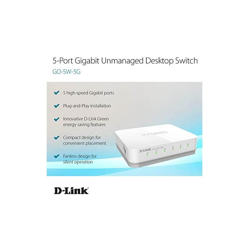 Ethernet Switch 5 Port Unmanaged Gigabit Desktop Plug and Play Compact Design White GOSW5G
