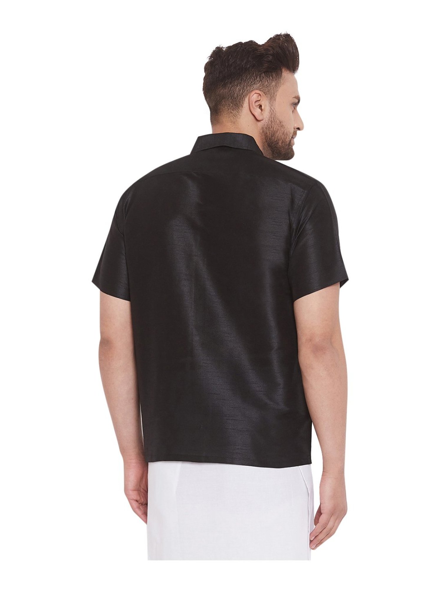 VASTRAMAY Black Straight Fit Self Pattern Ethnic Shirt