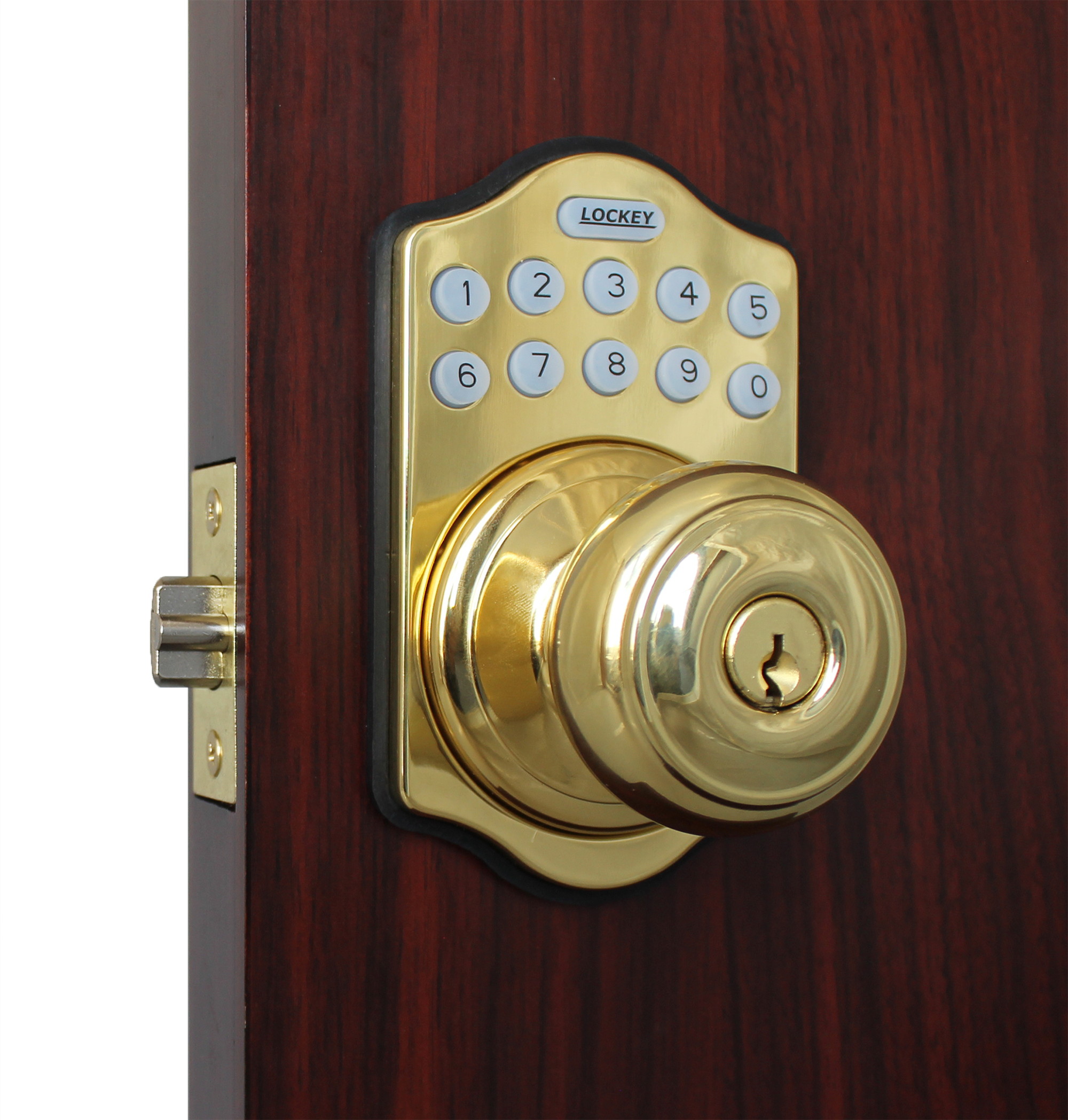 LockeyUSA E930AB Electronic Push Button Digital Door Lock, Access Control, Combination, Remote Capable, Keyless Knob Lock with Keypad Access in Antique Brass