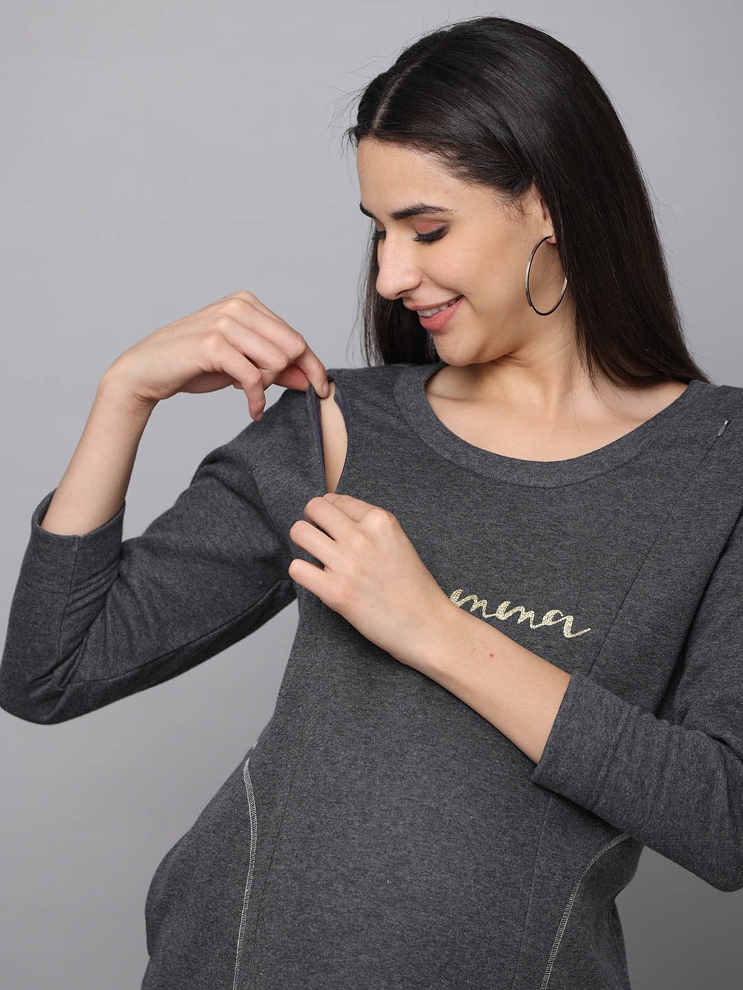 The Mom Store Grey Printed Maternity & Nursing Sweater Dress