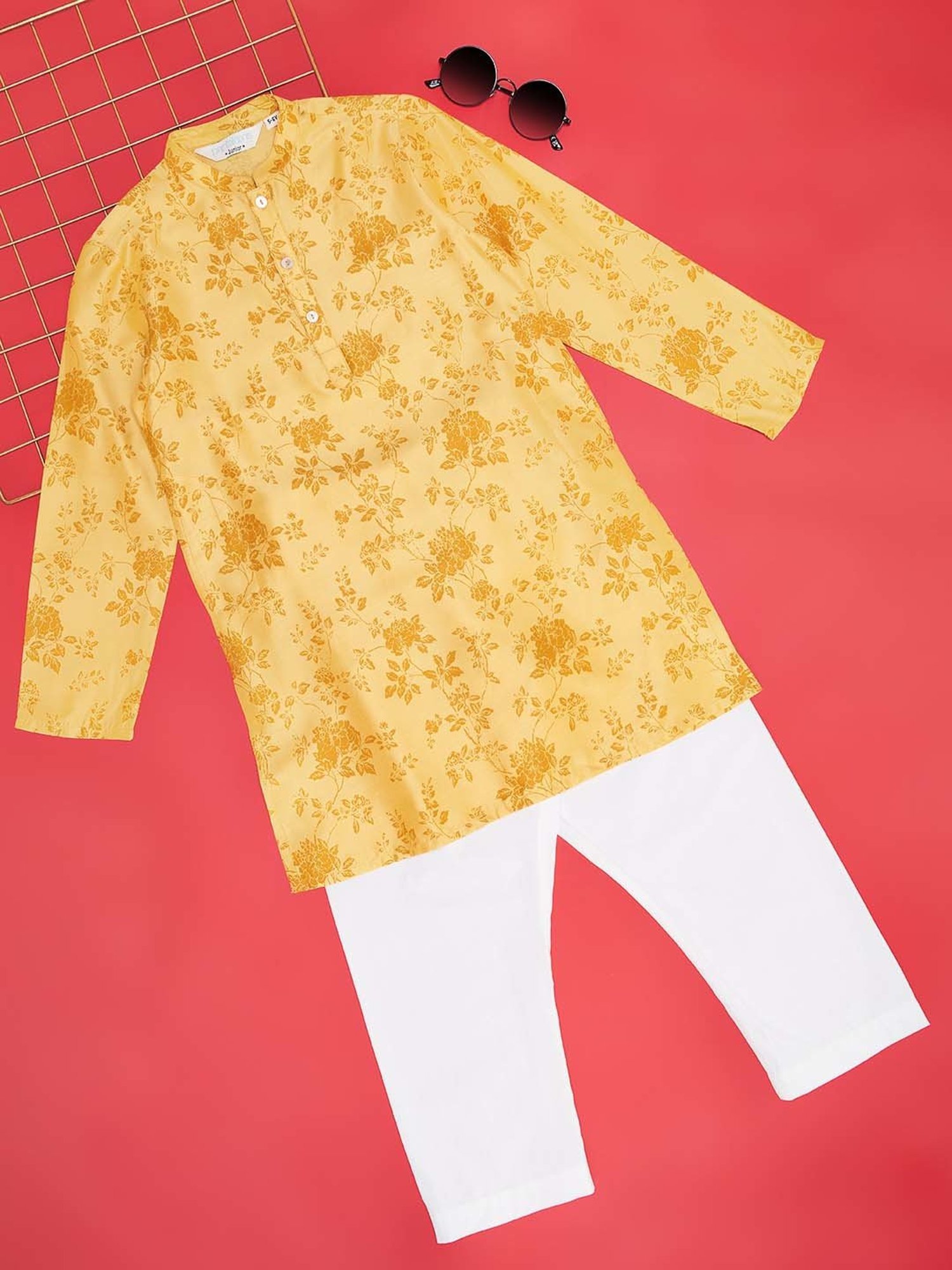 Indus Route by Pantaloons Kids Mustard & White Printed Full Sleeves Kurta Set