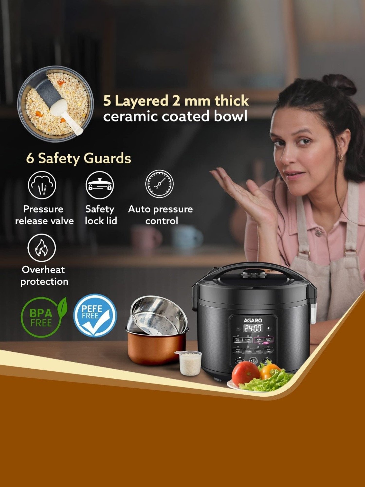 Agaro Regal Electric Rice Cooker 1.3L with Ceramic Inner Bowl & LED Display (Black)
