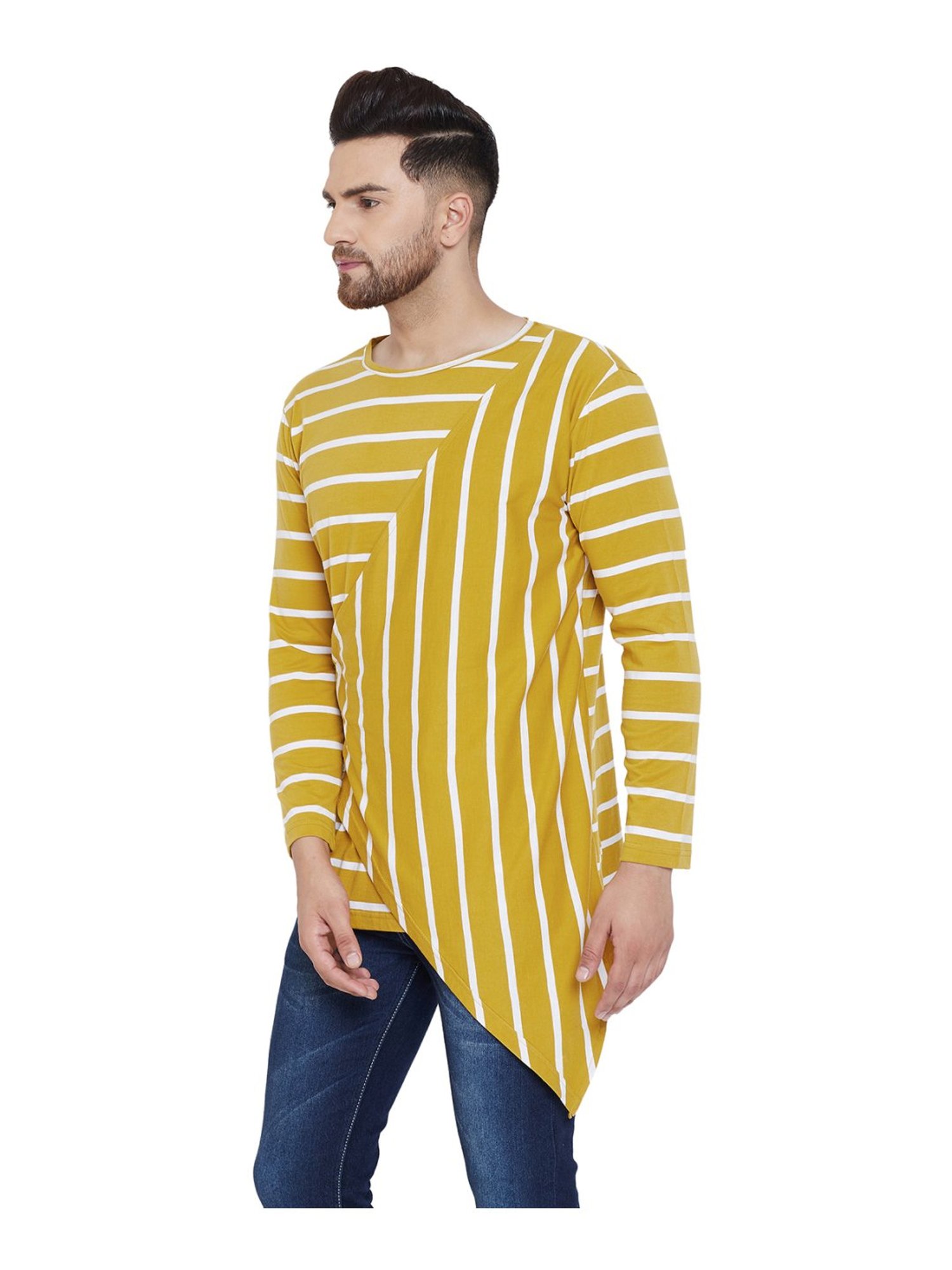 Hypernation Mustard & White Cotton Regular Fit Striped T-Shirt