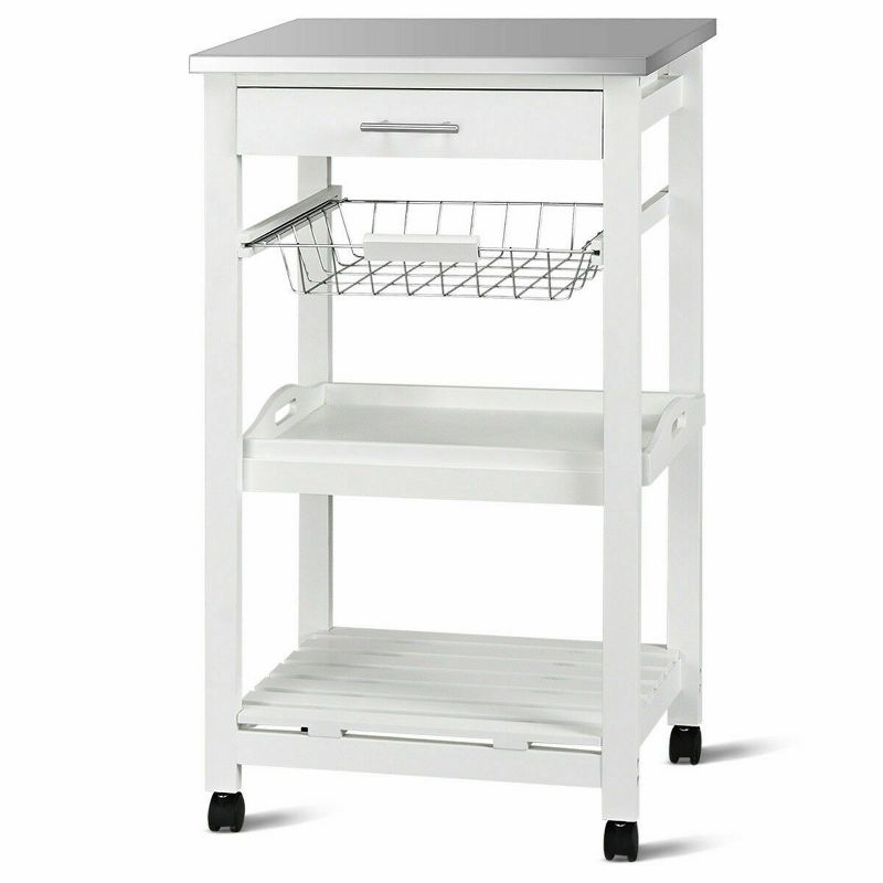 Costway Rolling Kitchen Trolley Cart Steel White Top Removable Tray W/Storage Basket &Drawers