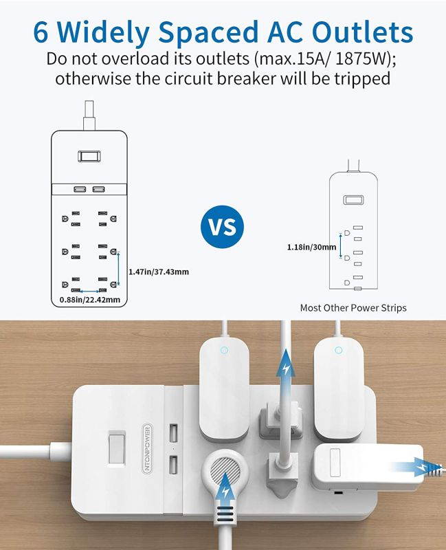 Surge Protector Power Strip with USB - NTONPOWER Flat Plug Extension Cord 5FT, 6 Outlets 2 USB Desktop Charging Station, ETL Listed, 15A Circuit Breaker, Wall Mount for for Home and Office - White