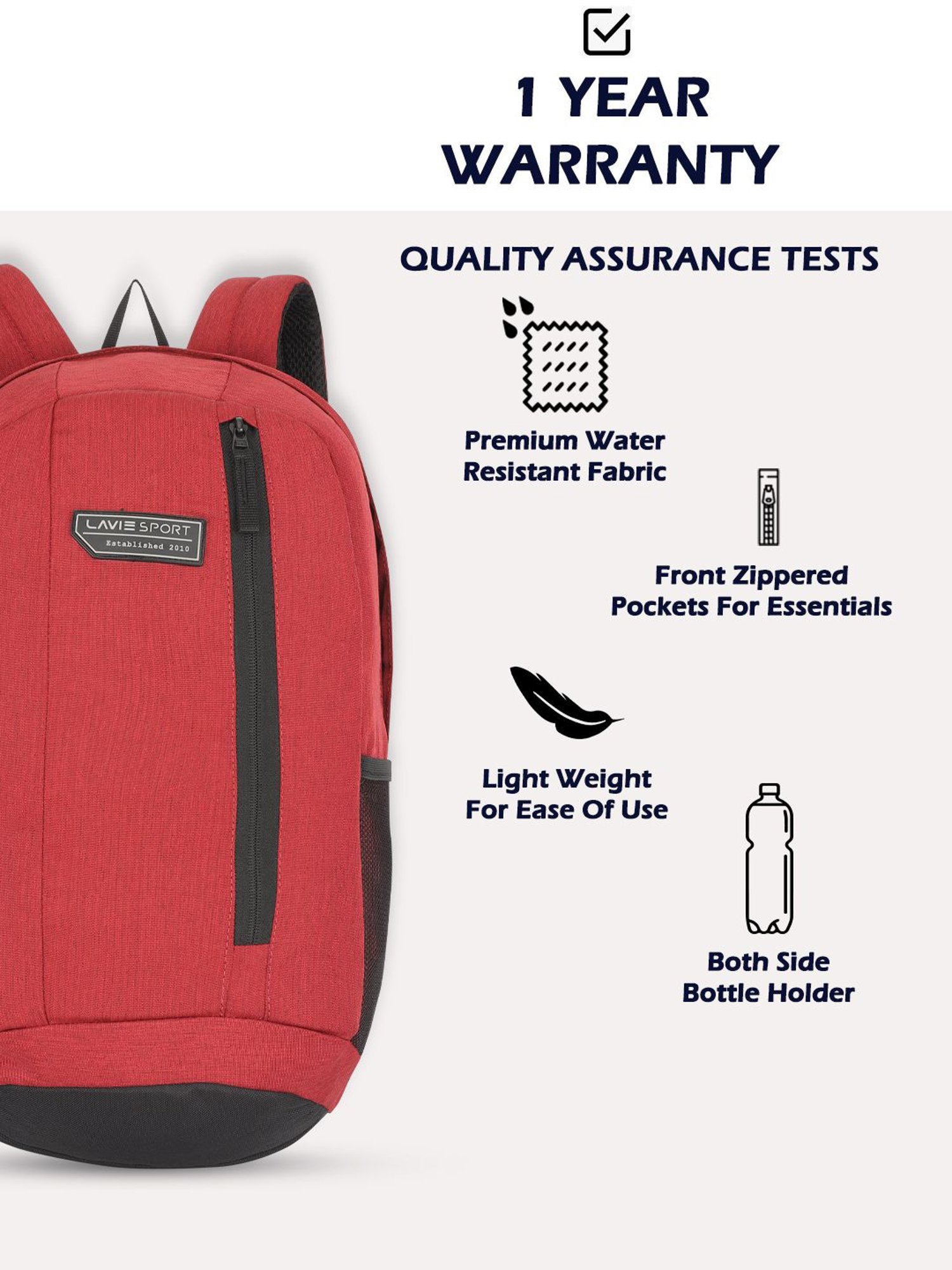 Lavie Sport Red Polyester Solid Backpack - 22 Ltrs