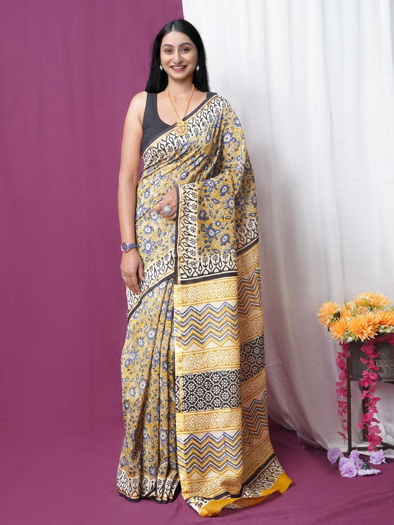 Unnati Silks Yellow Printed Saree With Unstitched Blouse