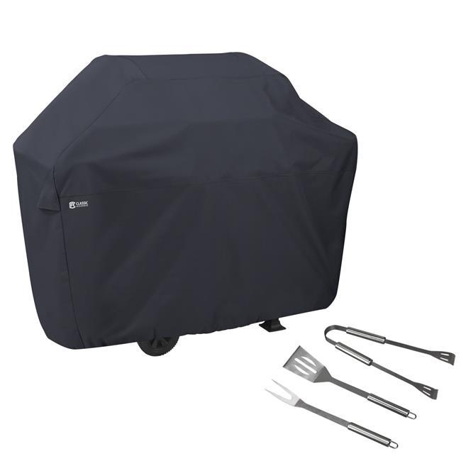 Classic Accessories 55-308-TOOL-EC BBQ Grill Cover with Grill Tool Set - Grilling Spatula, Tongs & Fork, Black - Extra Large
