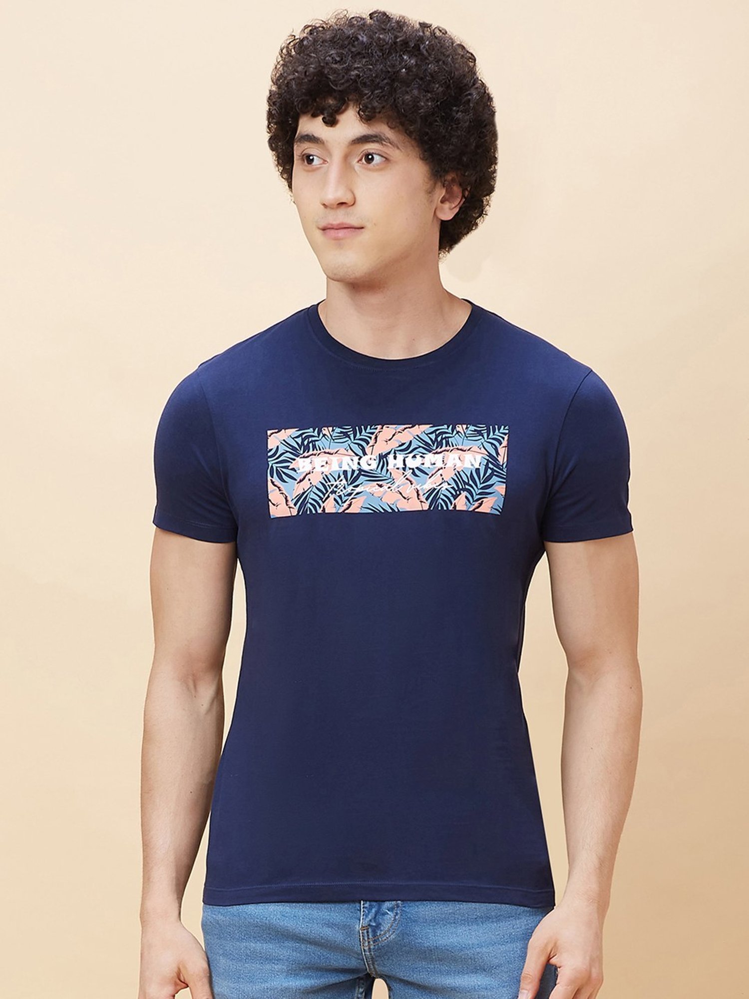 Being Human Dark Blue Regular Fit Printed T-Shirt