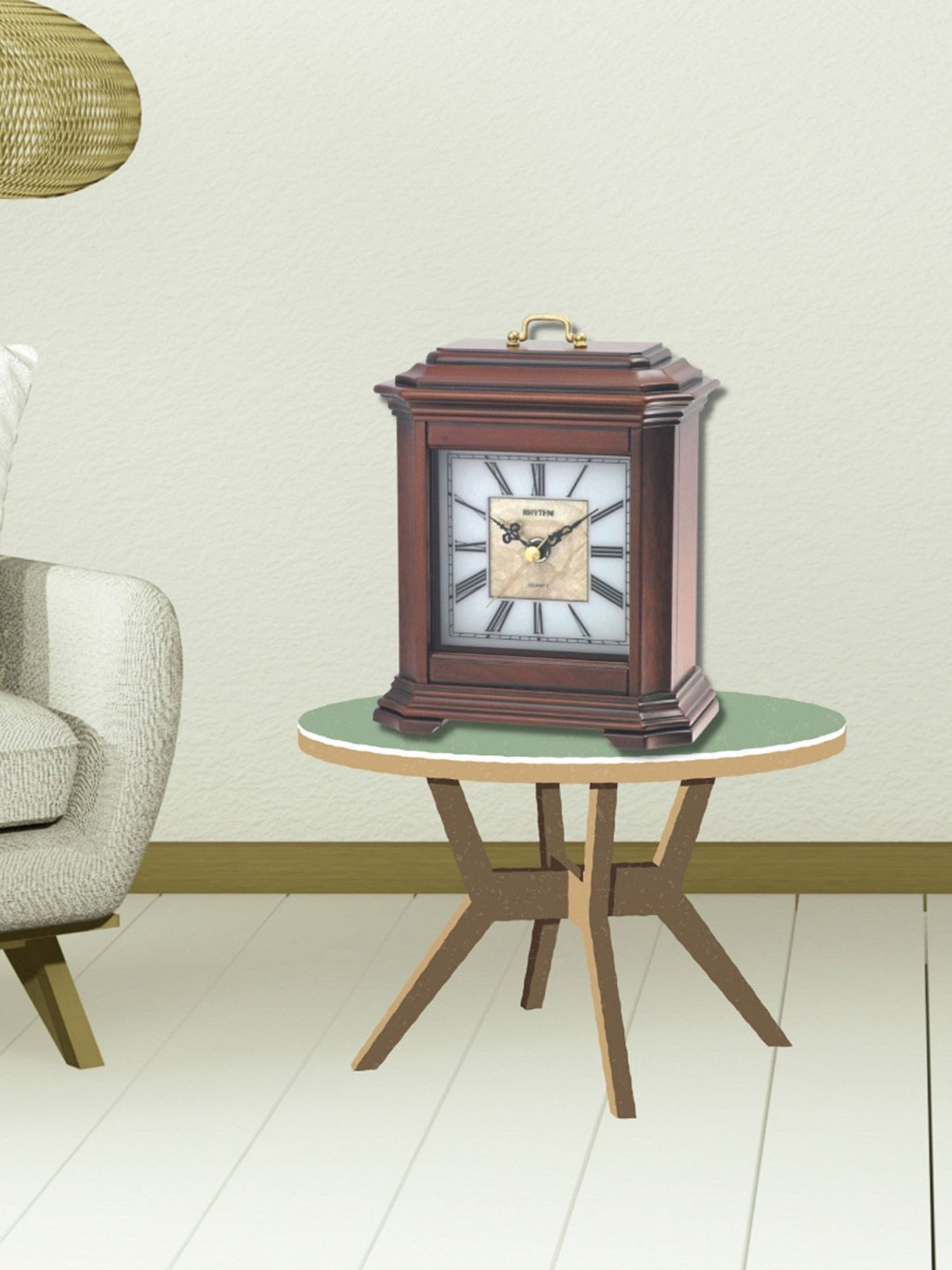 RHYTHM Brown Wood Elegant Rectangular Sea Shell White Dial Table Clock