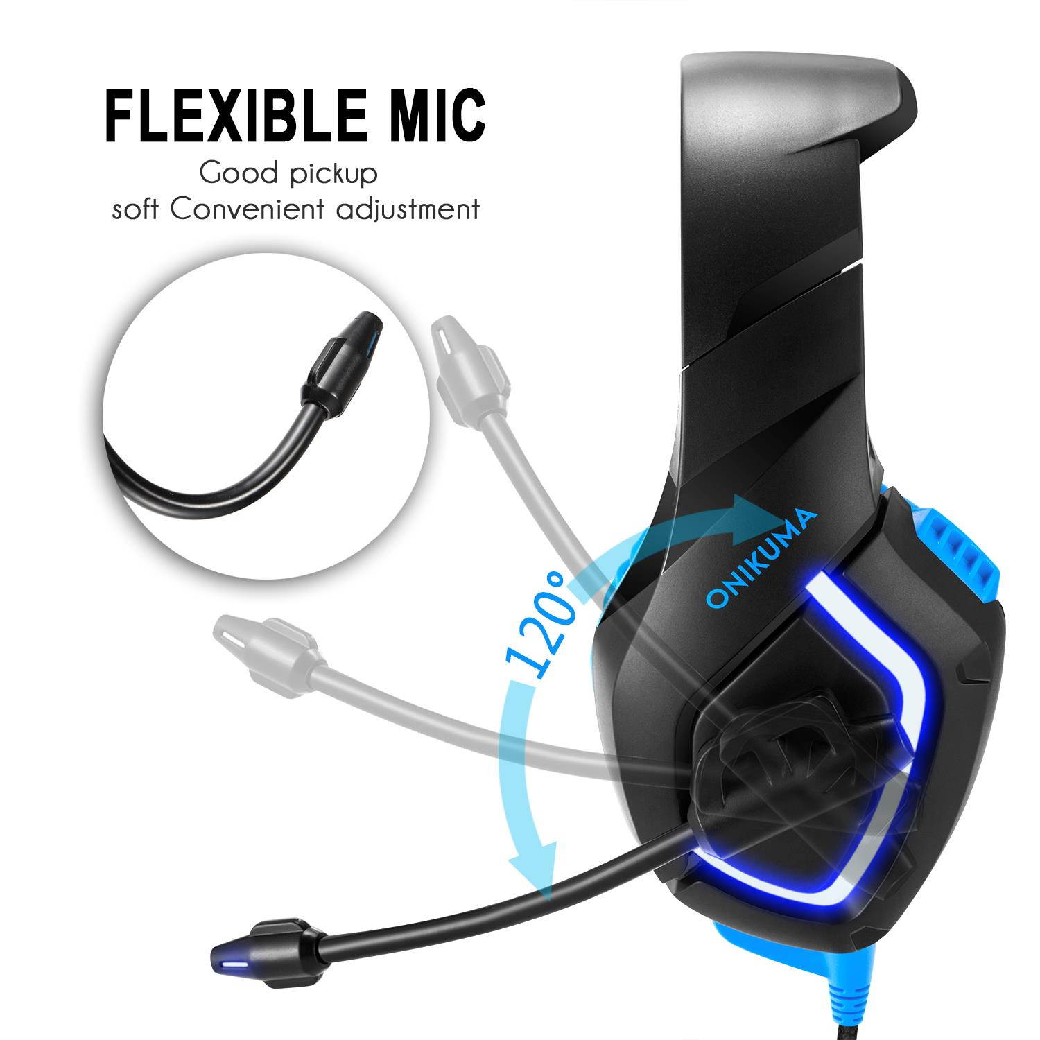 ONIKUMA K1-B with LED Black and blue Gaming Headset Wired Stereo Game Headphones Noise-canceling Gaming Headphone with Mic for PS4 Xbox One Laptop Computer Cellphone