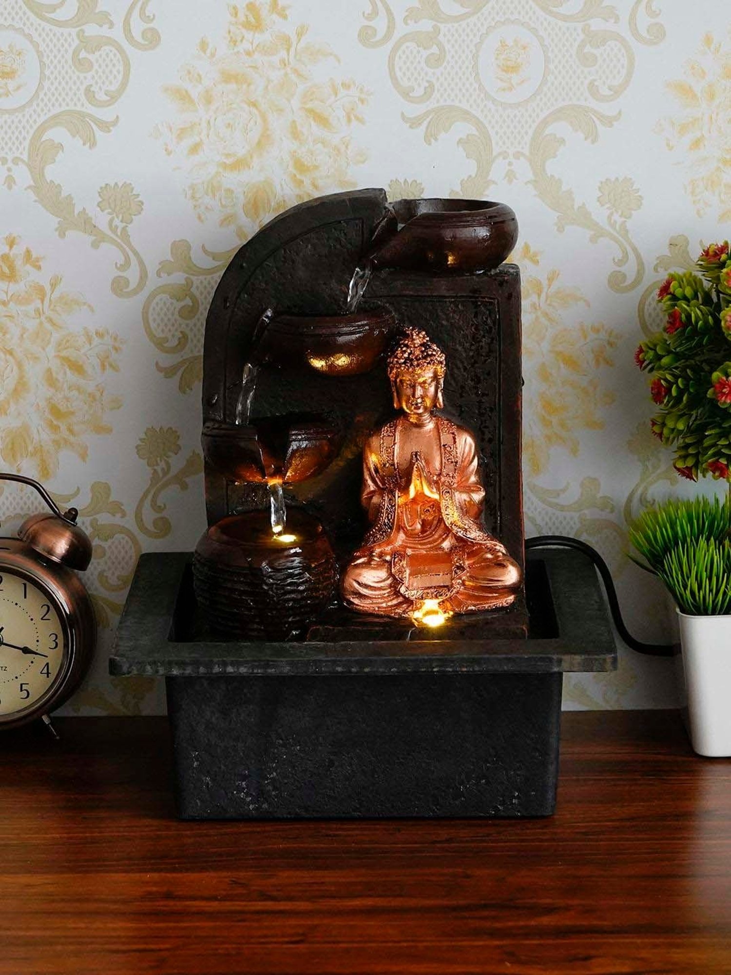 CHRONIKLE Brown & Golden Polyresin Namaskara Mudra Buddha 3 Steps Waterfall Fountain