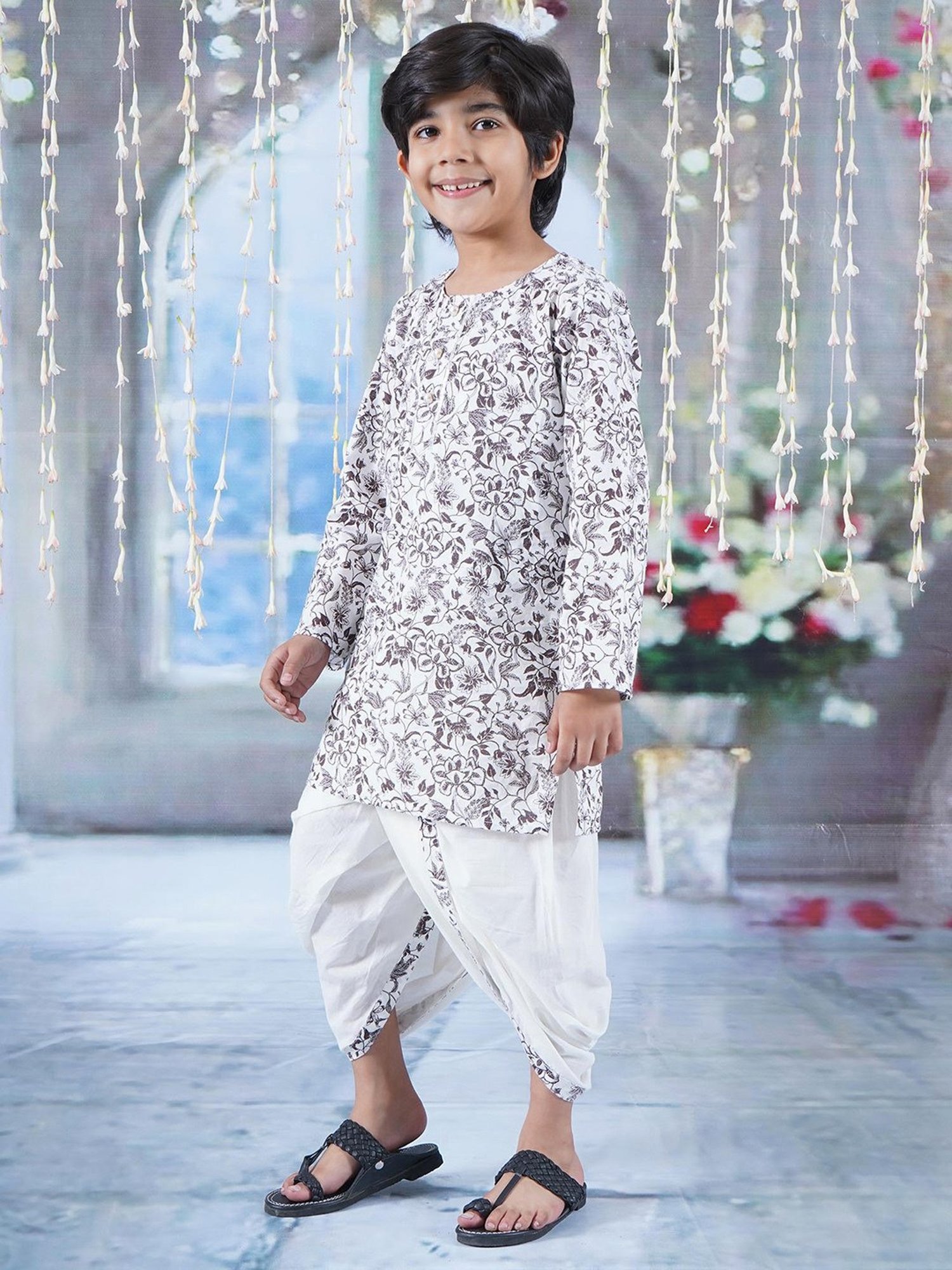 Little Bansi Kids White & Black Floral Print Kurta with Dhoti