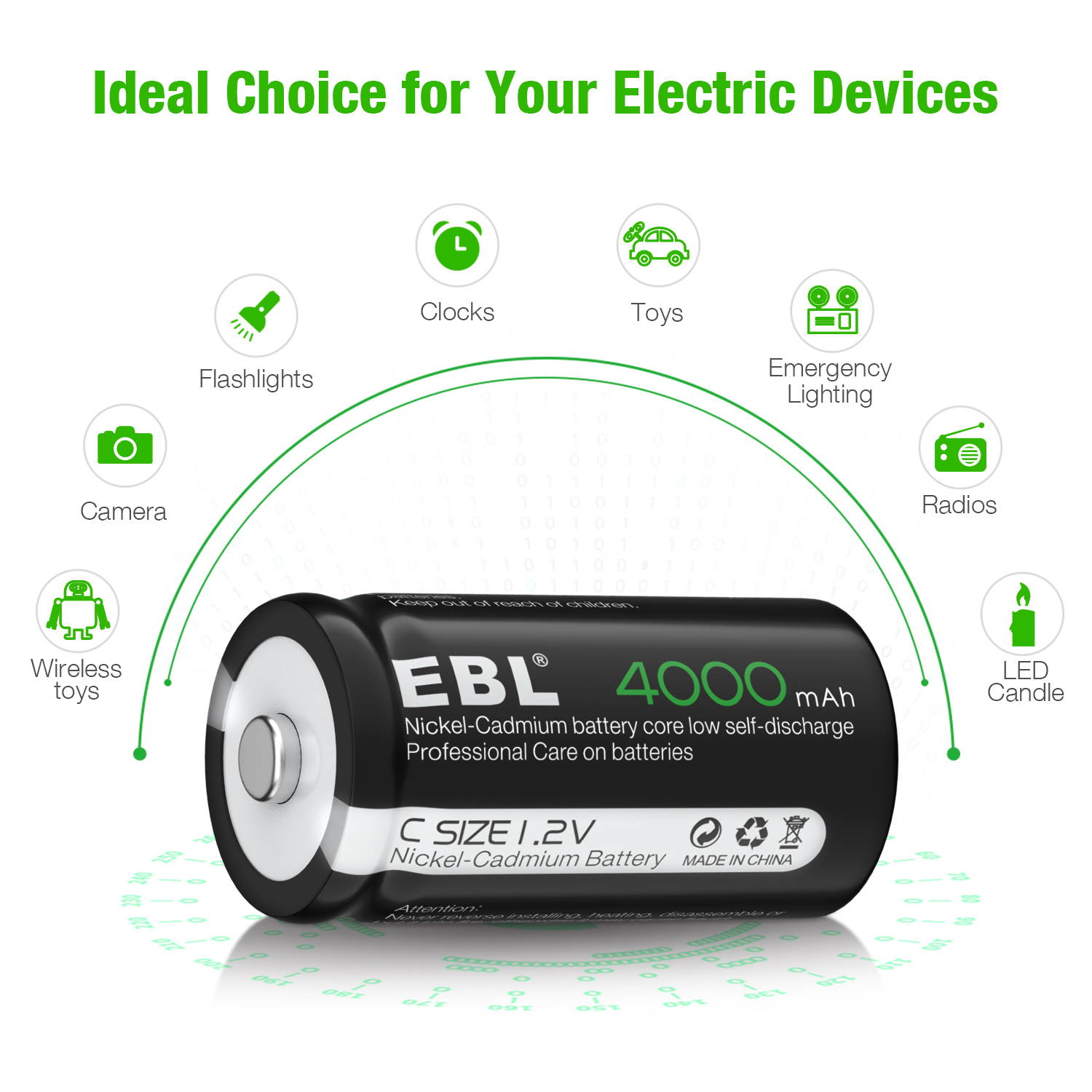 EBL 8PCS  Rechargeable C Battery High Performance Ni-Cd Battery 4000mAh