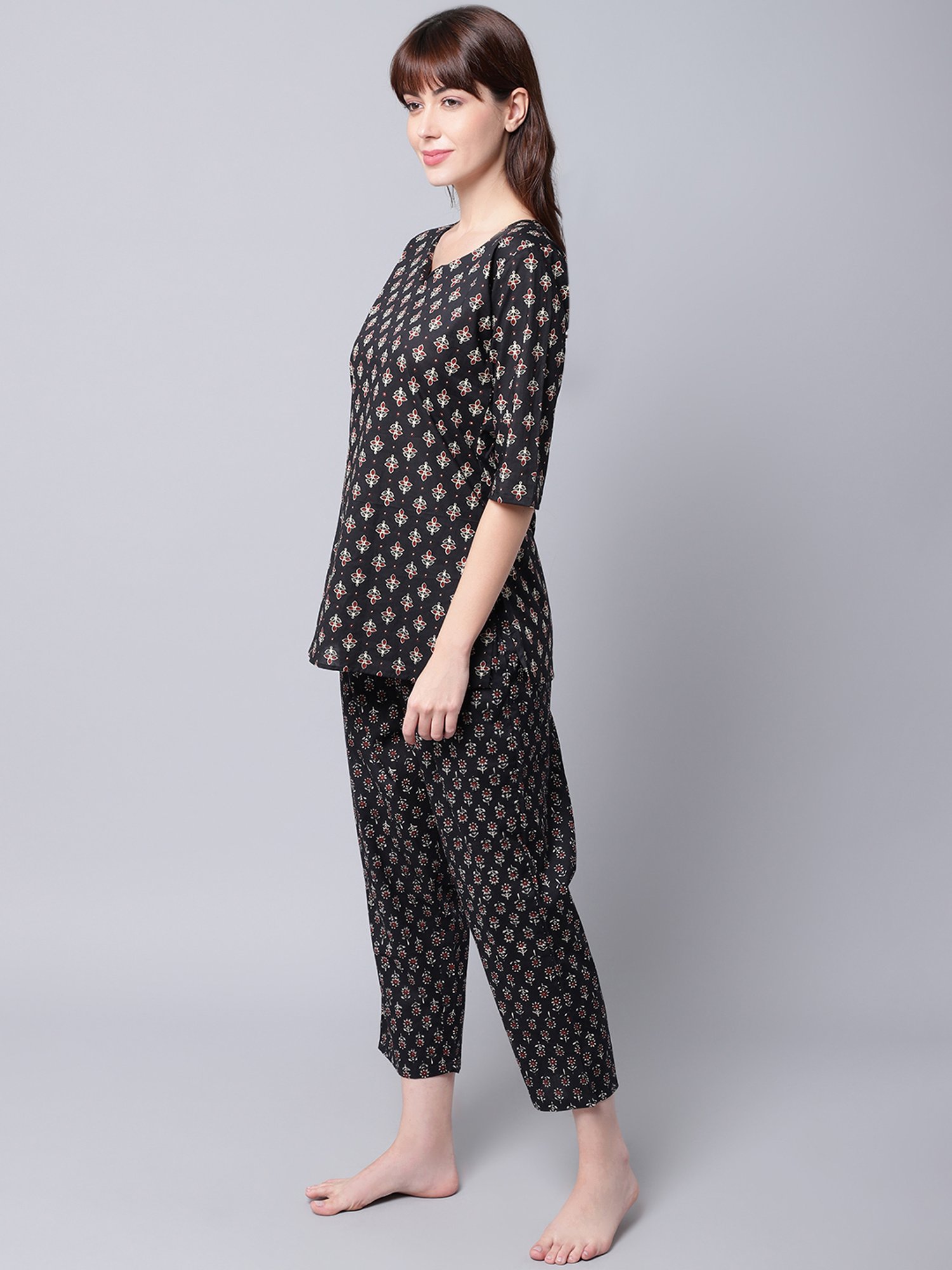 TAG 7 Black Cotton Printed Kurti Pant Set