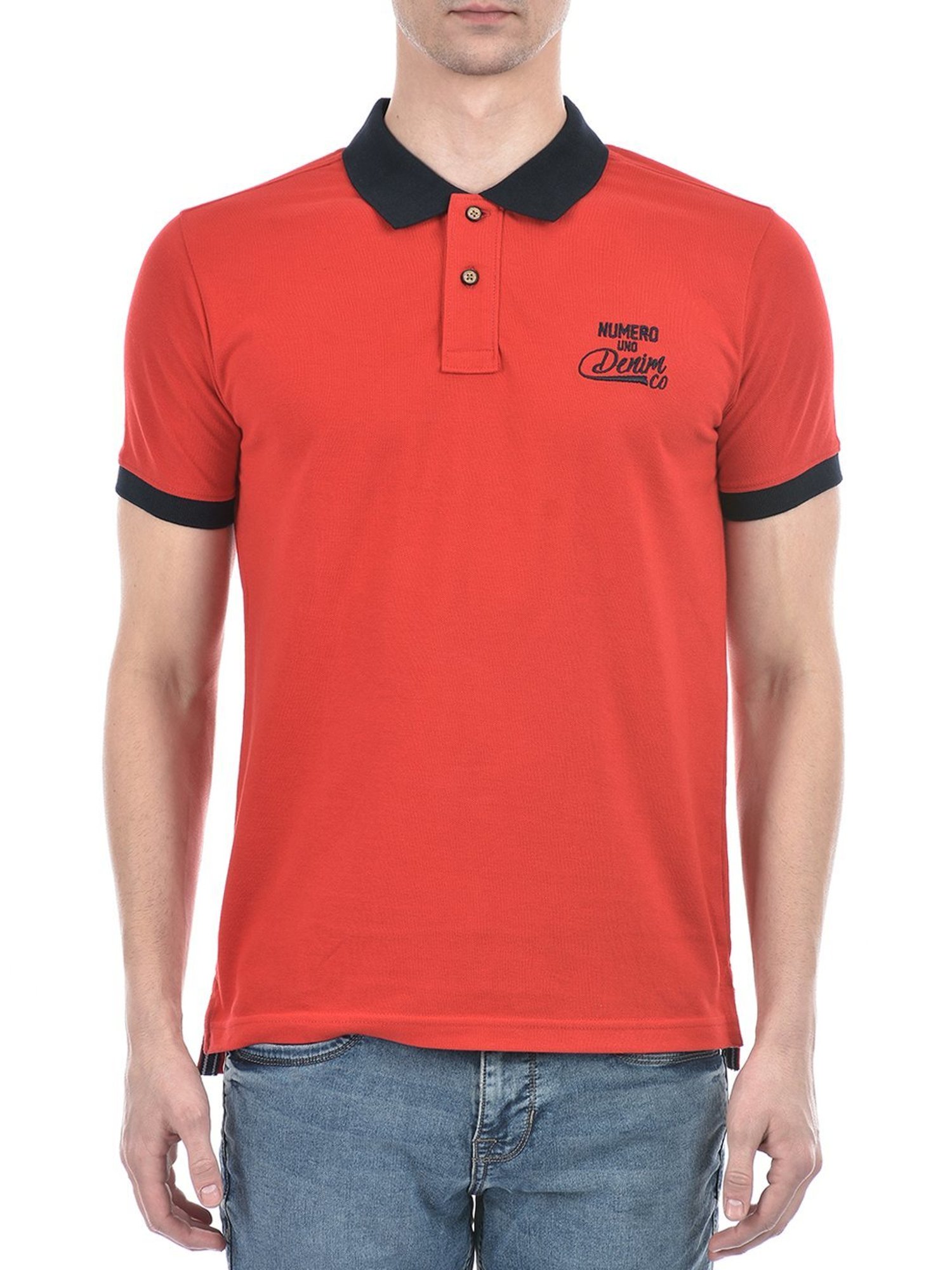Numero Uno Red Cotton Slim Fit Polo T-Shirt