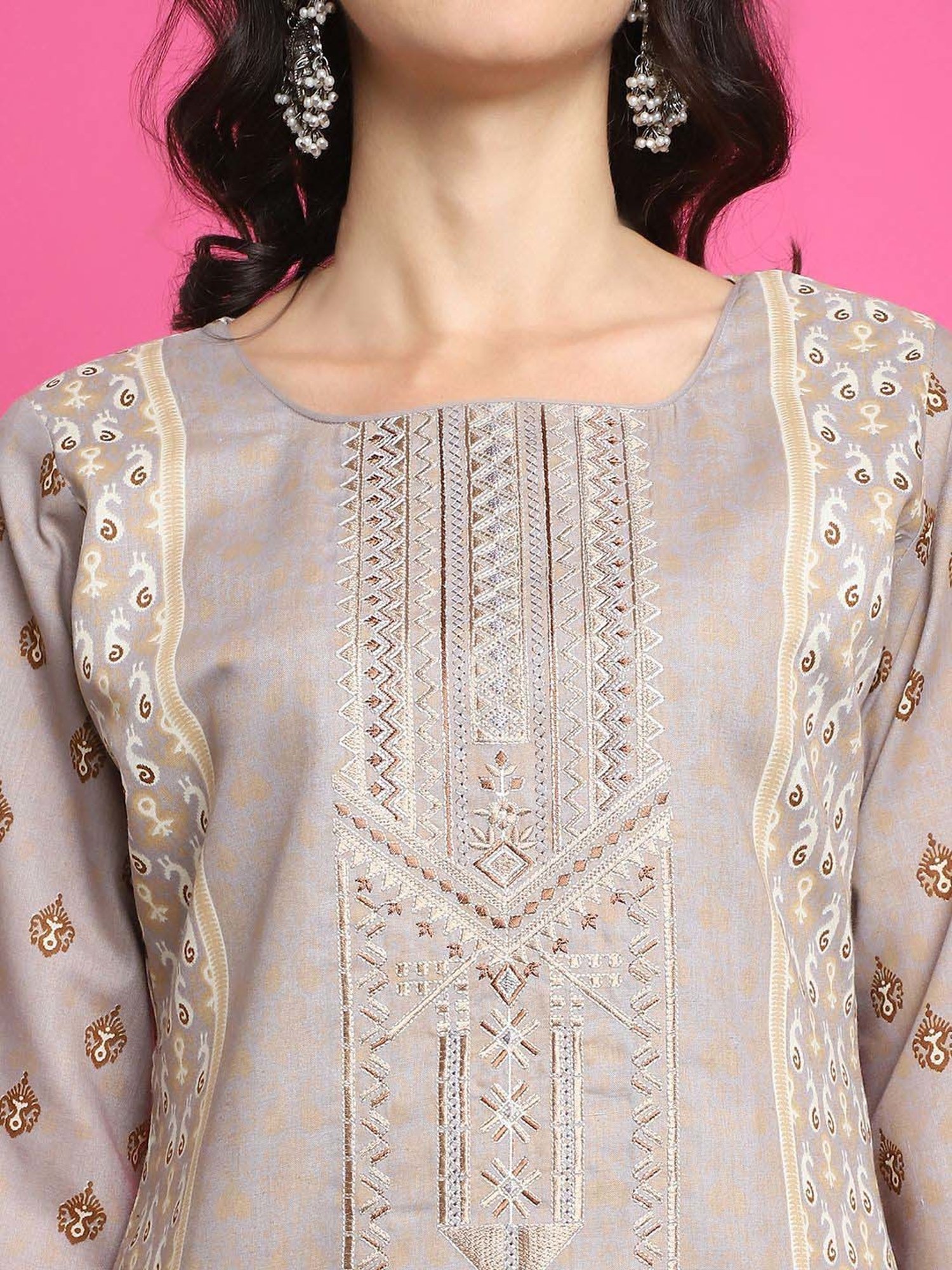 Stylee LIFESTYLE Grey Cotton Embroidered Unstitched Dress Material