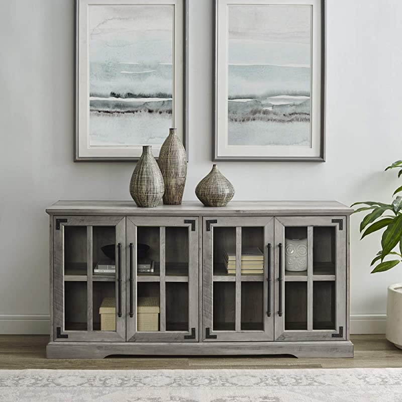 Edison Farmhouse Barn Glass Wood Universal Stand for TV's up to 64" Flat Screen Living Room Storage Cabinet Doors and Shelves Entertainment Center, 58 Inch, Grey