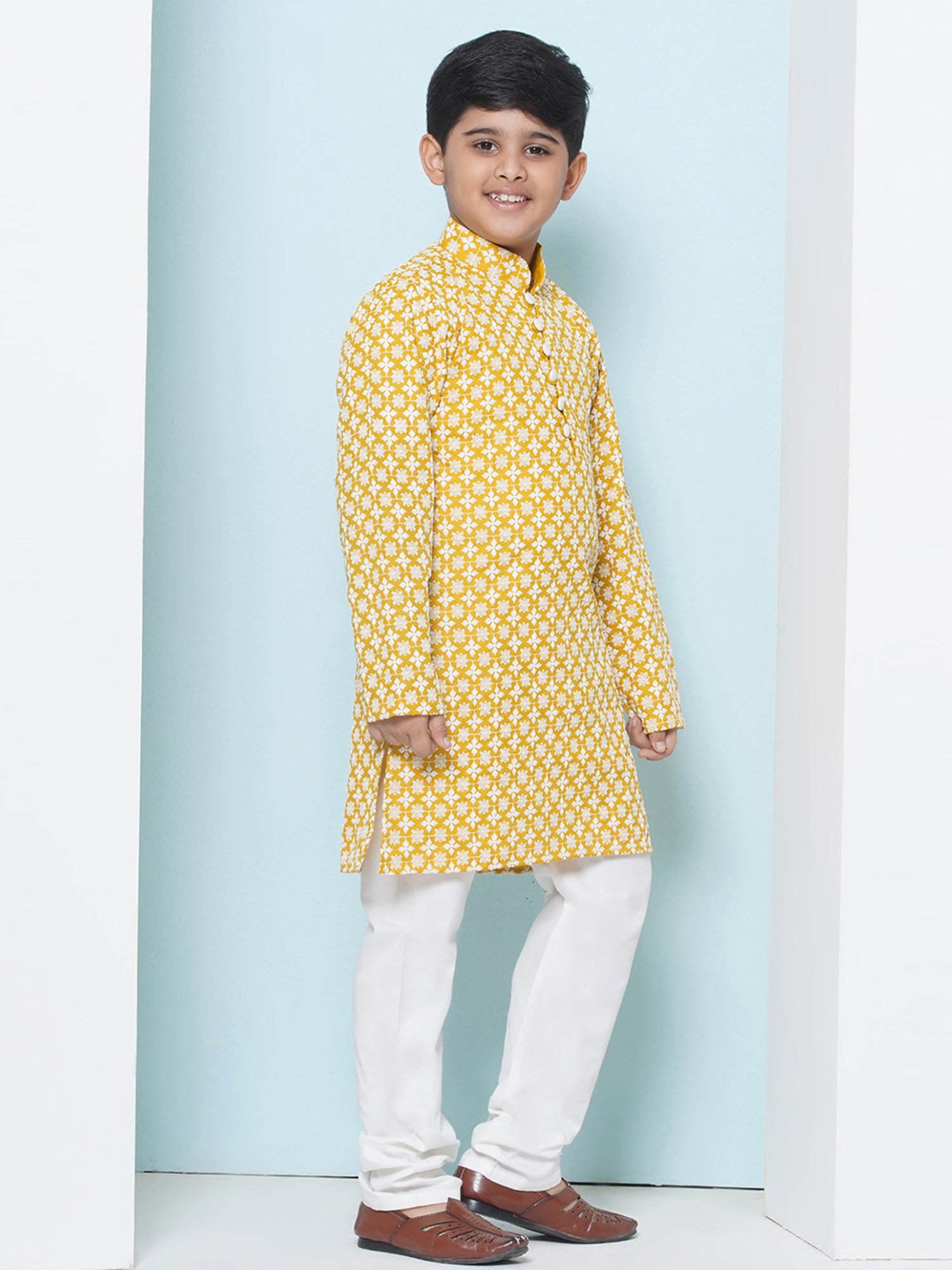 AJ Dezines Kids Mustard & White Embroidered Full Sleeves Kurta with Pyjamas
