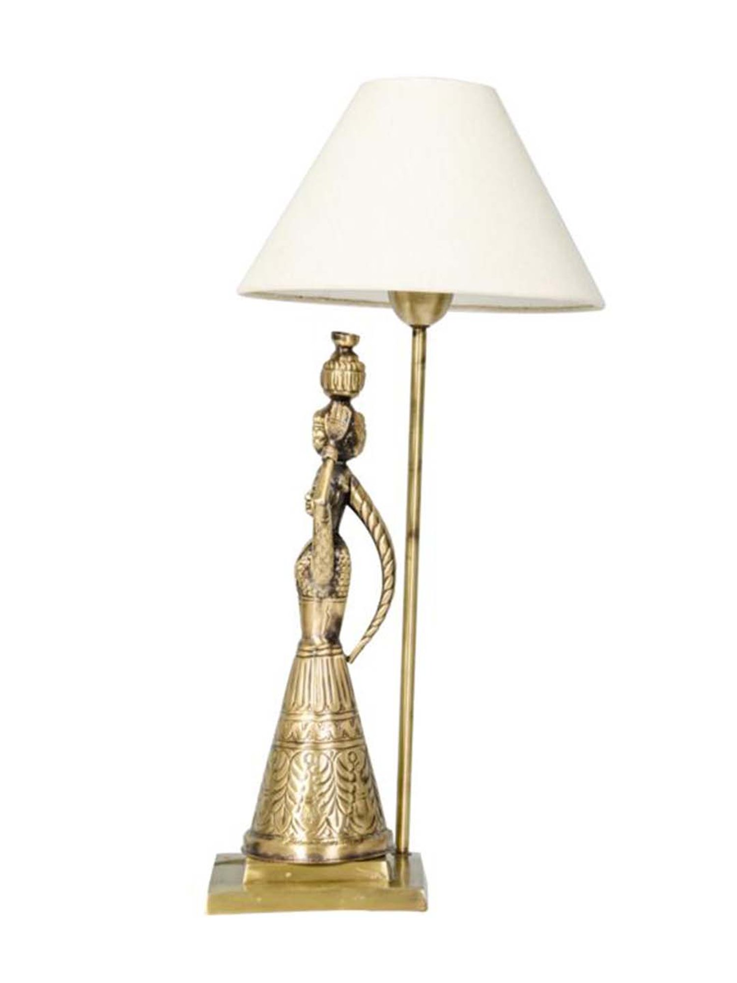 Fos Lighting White & Golden Hand Carved Brass Rajasthani Village Table Lamp - Set of 1