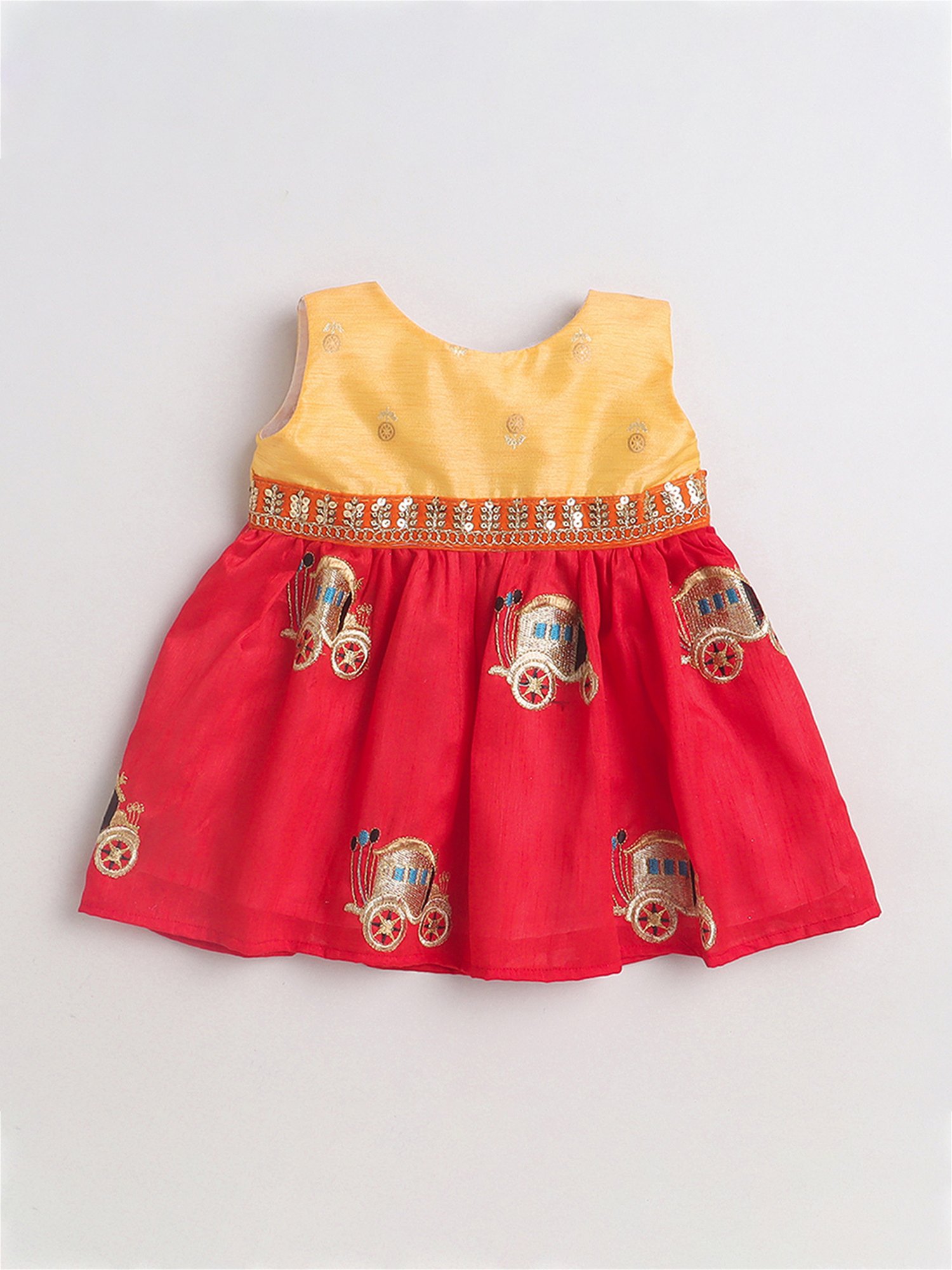 Many Frocks Kids Orange & Red Embroidered Dress