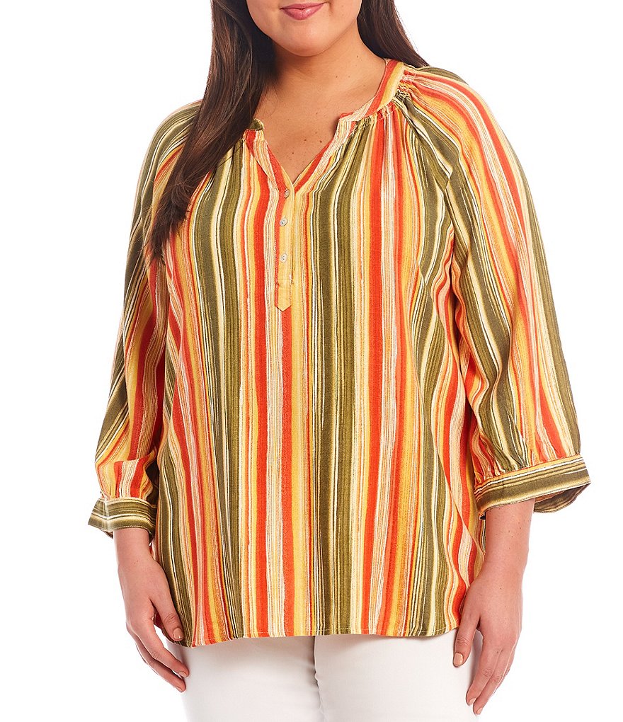 Ruby Rd. Plus Size Watercolor Stripe Print Split Round Neck 3/4 Raglan Sleeve Top