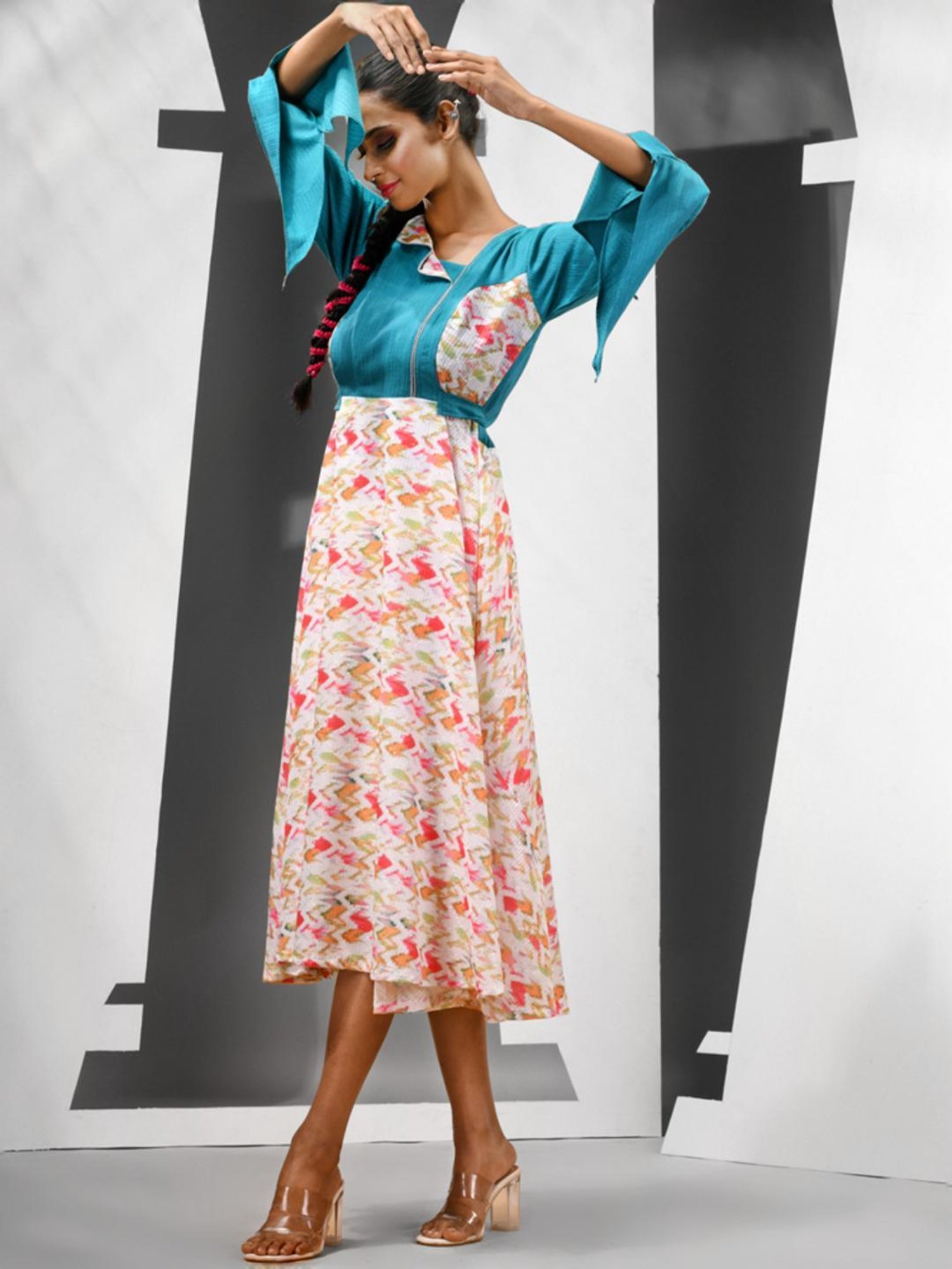 Charukriti White & Sapphire Blue Printed A-Line Dress