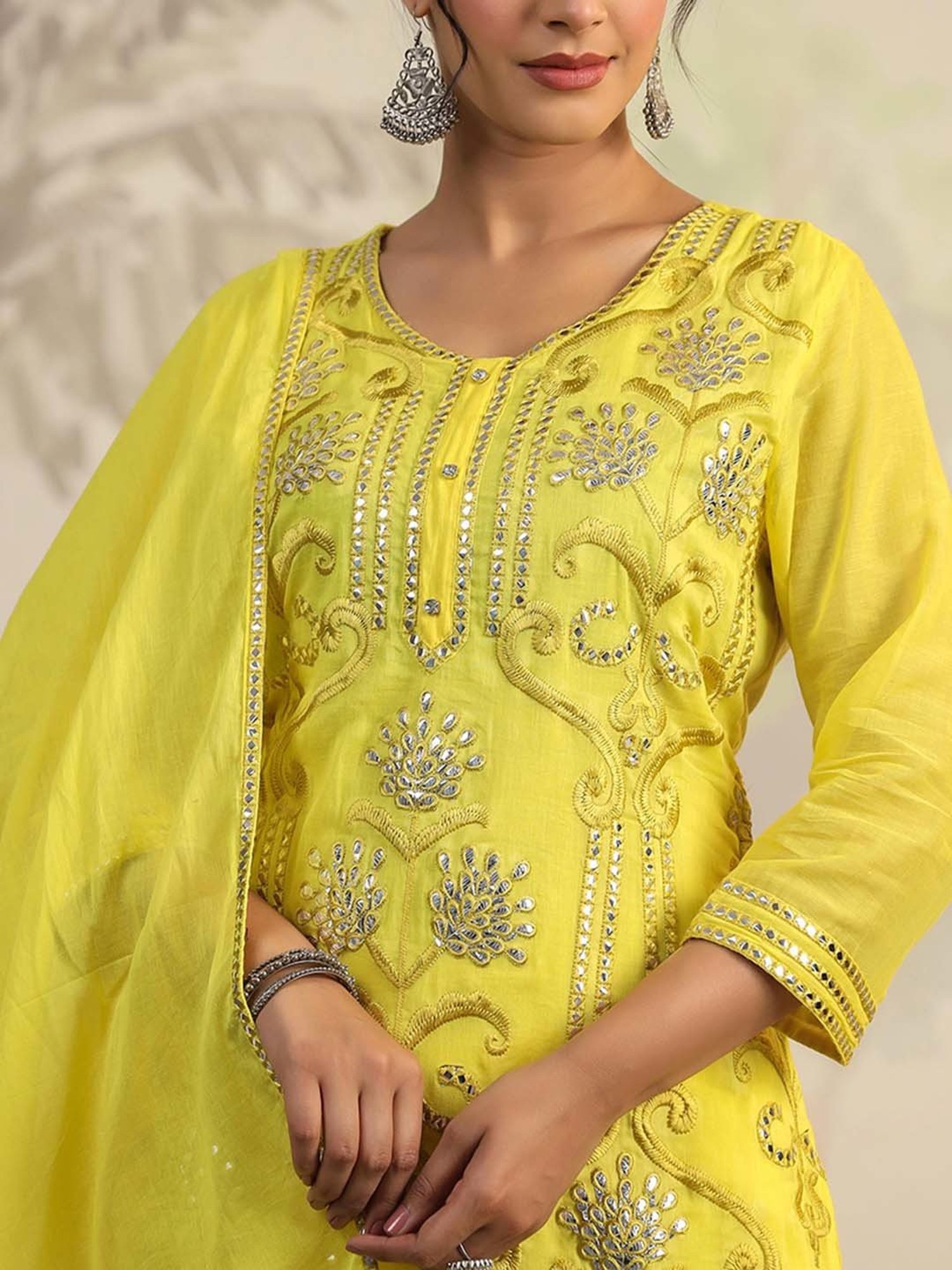 SCAKHI Royal Yellow Cotton Embroidered Kurti Sharara Set With Dupatta