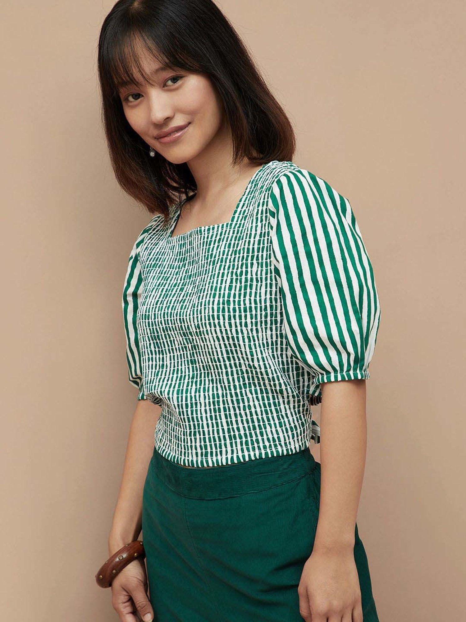 Colour Me by Melange Green Cotton Striped Top