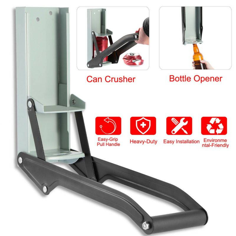 16oz Can Crusher Metal Smasher w/ Bottle Opener Wall Mounted Beer Recycling Tool