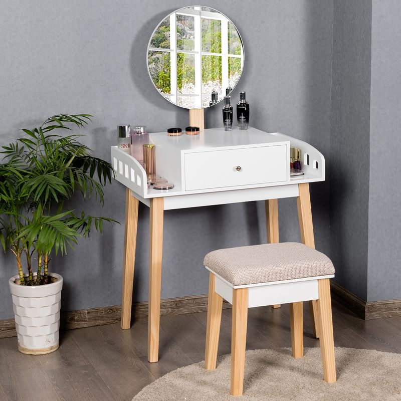 Costway Wooden Vanity Makeup Dressing Table Stool Round 1 Drawer