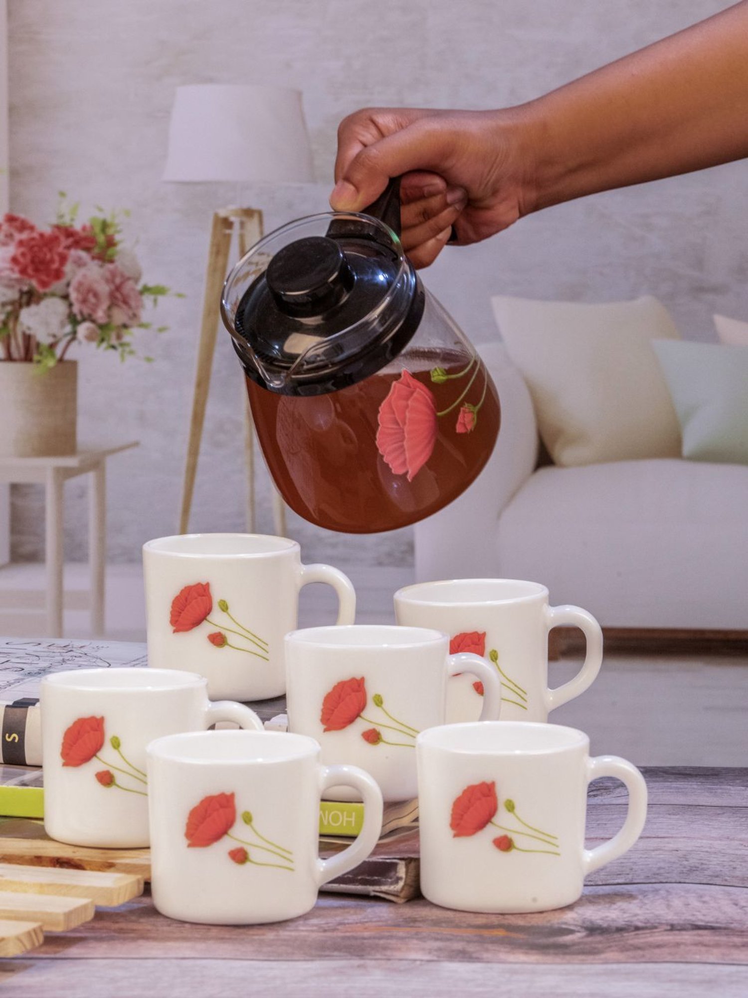 Cello Floral Multicolor Opalware Tea Set - Set of 6 Cups (180ml) & 1 Tea Pot (750ml)