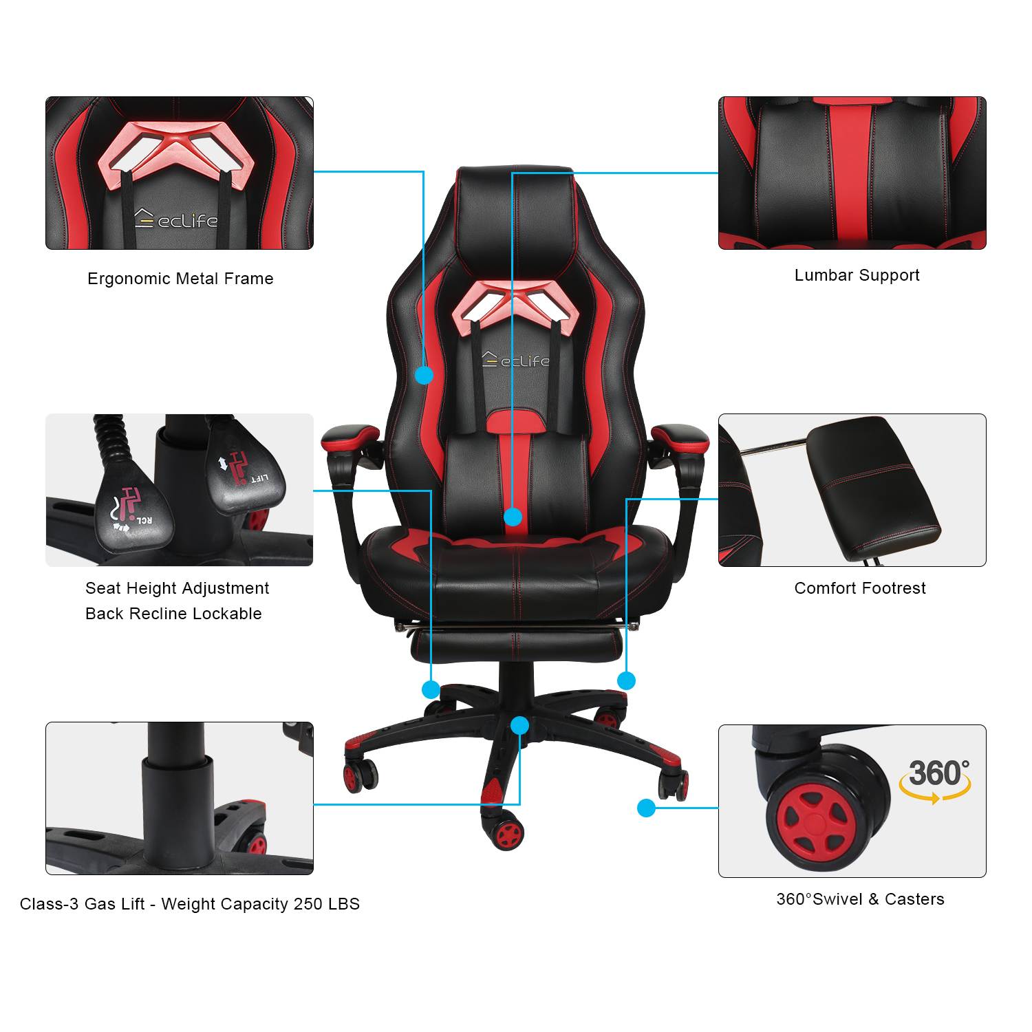 Ergonomic Gaming Chair, Home Office Computer Game Chair, Height Adjustment Recliner 360&deg; Swivel Rocker With Retractable Padded Footrest And Lumbar Pillow E-Sports Chair Super High-back Computer Chair
