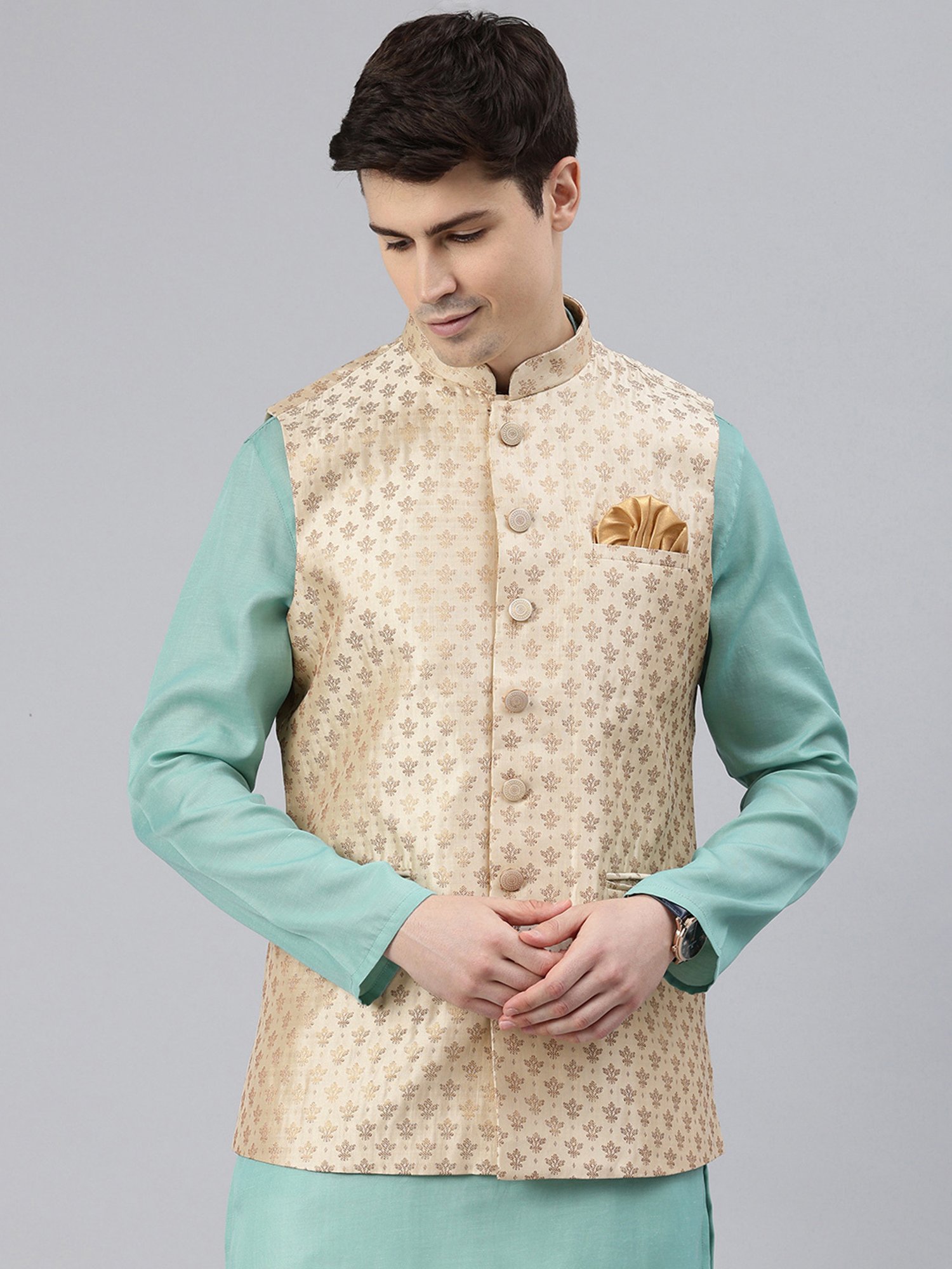 Manthan Beige Regular Fit Self Design Nehru Jacket