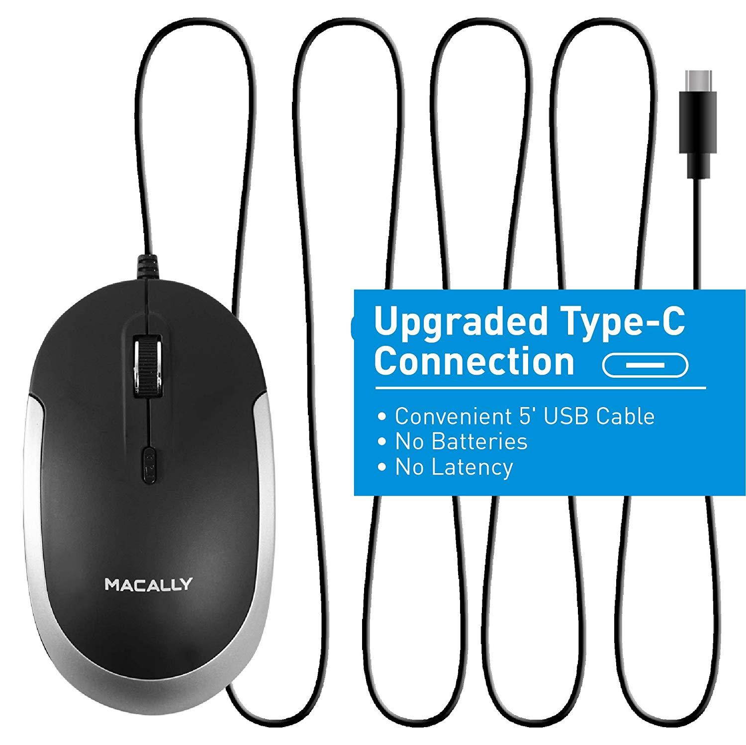 Macally Silent USB Type C Mouse Wired for Apple Mac & Windows PC Laptop/Desktop Computer | Slim & Compact Mice Design & Optical Sensor & DPI Switch 800/1200/1600/2400 | Small for Easy Travel (Black)
