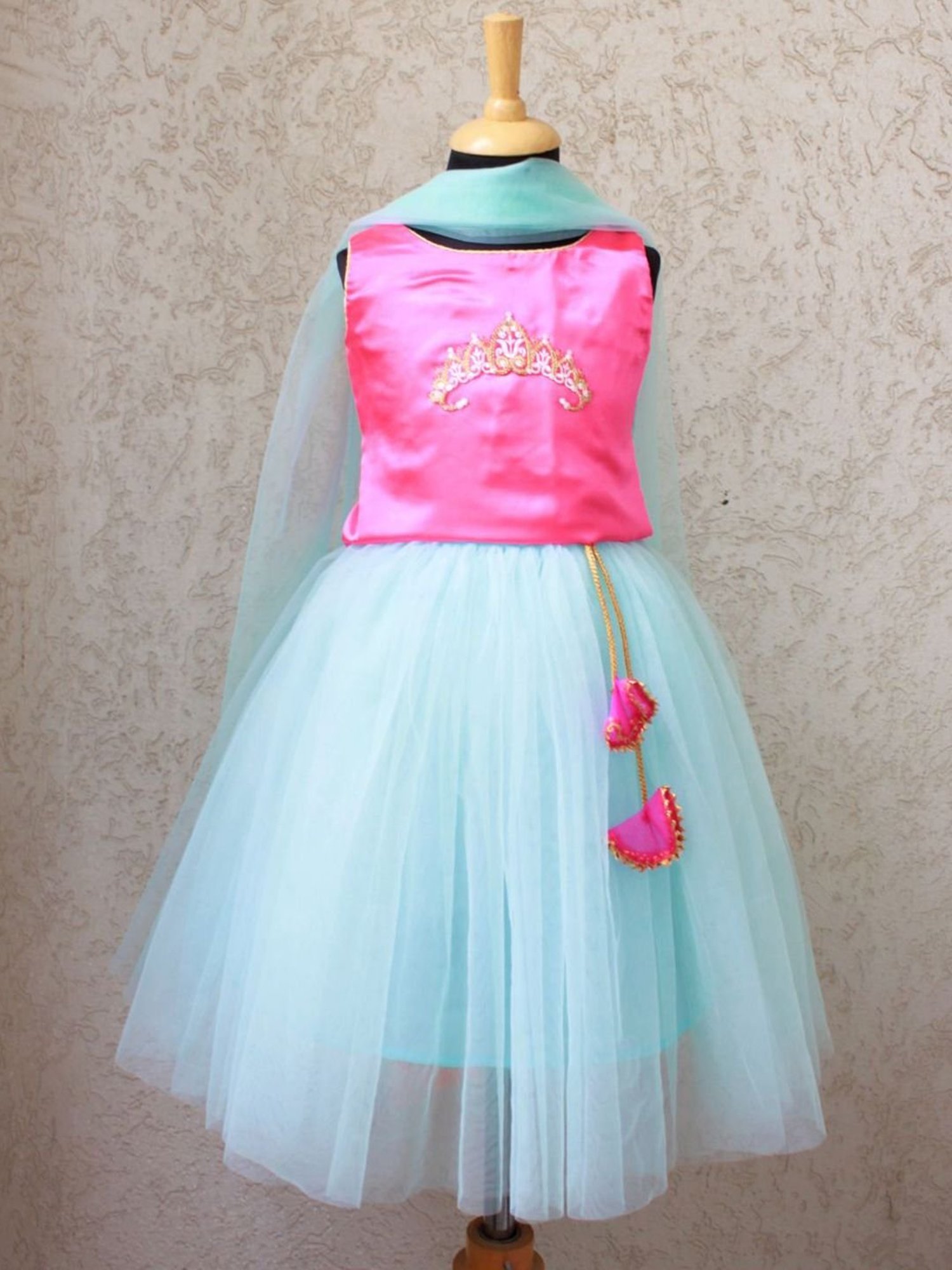 Many Frocks Kids Pink & Blue Embellished Lehenga Choli