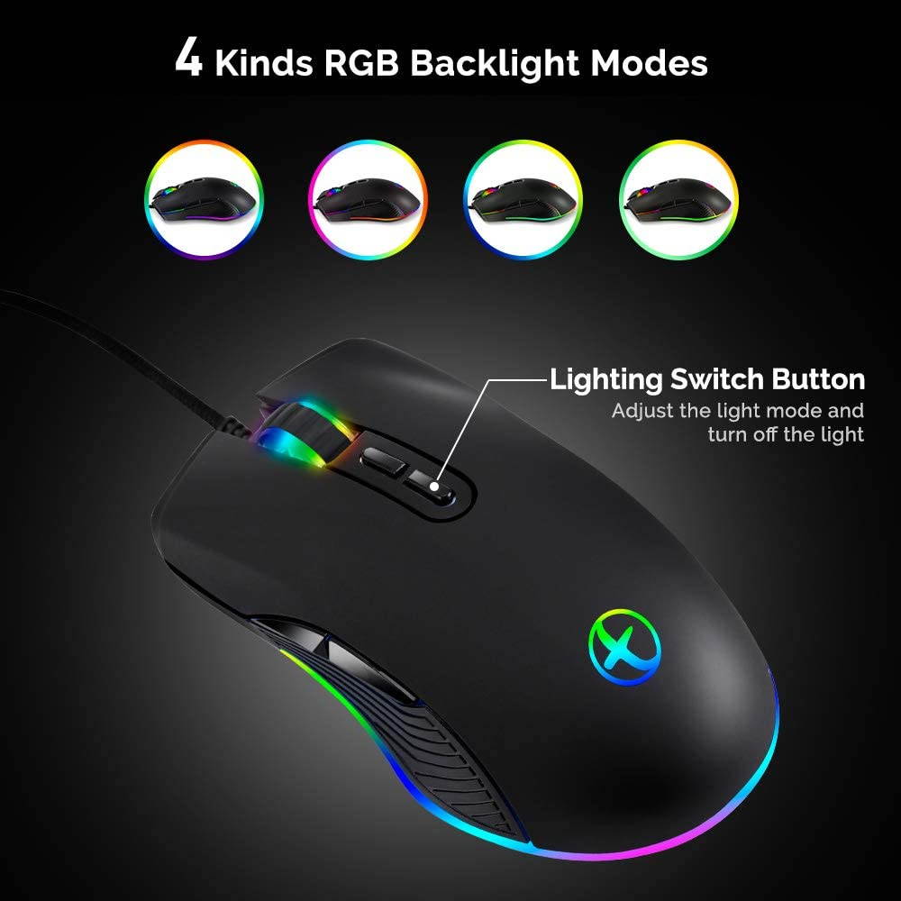 Ergonomic Gaming Mouse with 4 Backlight Modes up to 3200 DPI,RGB Wired USB Mouse with 7 Buttons for Laptop PC Computer Games & Work