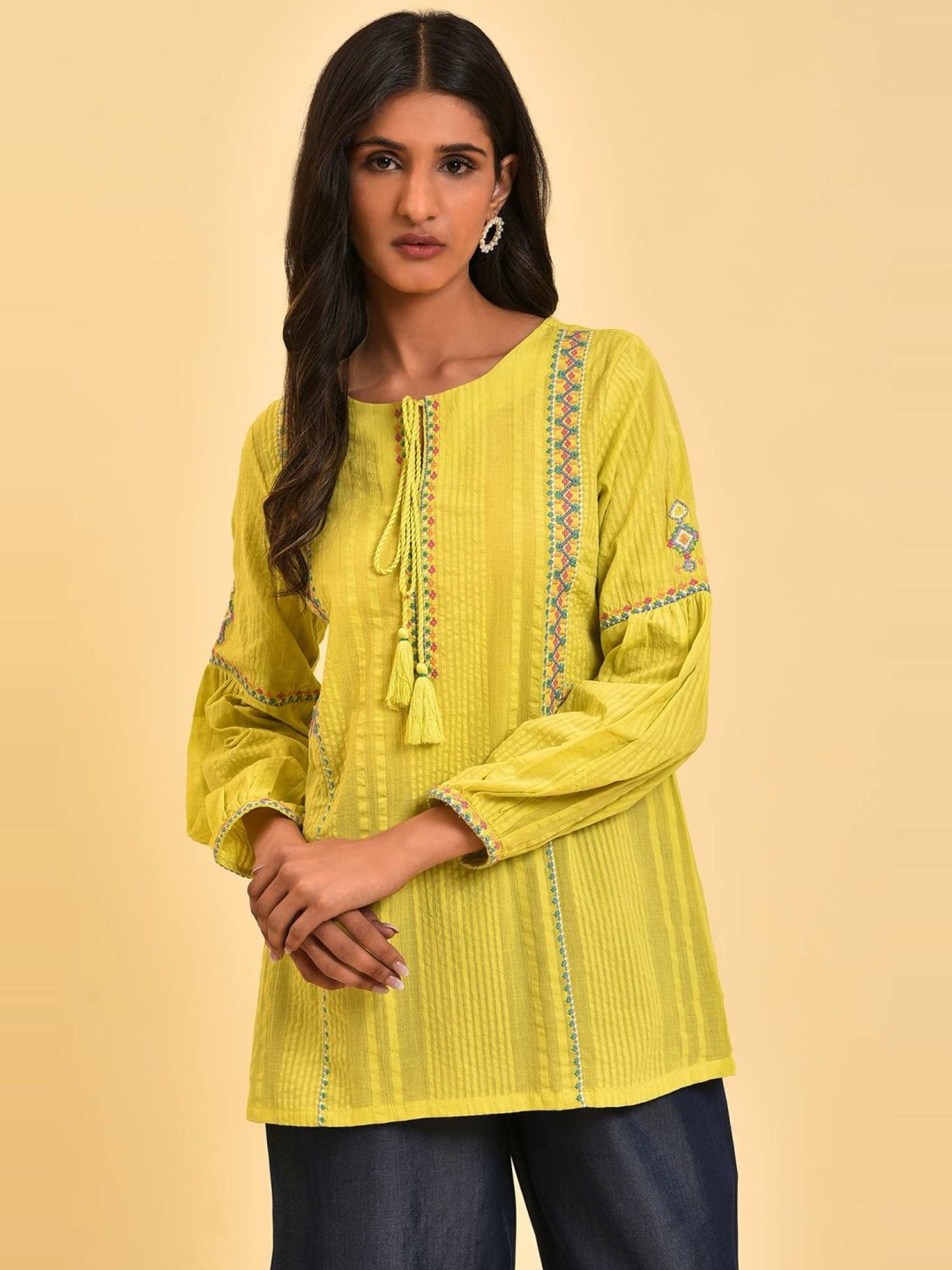 W Yellow Cotton Embroidered Top