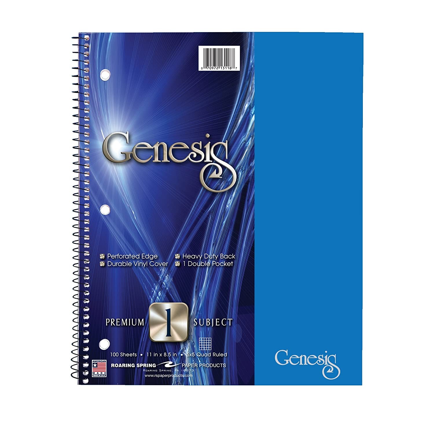Roaring Spring Genesis Graph Ruled 1 Subject Spiral Notebook with Double Pocket, 11" x 9" 100 Sheets, Assorted Colors