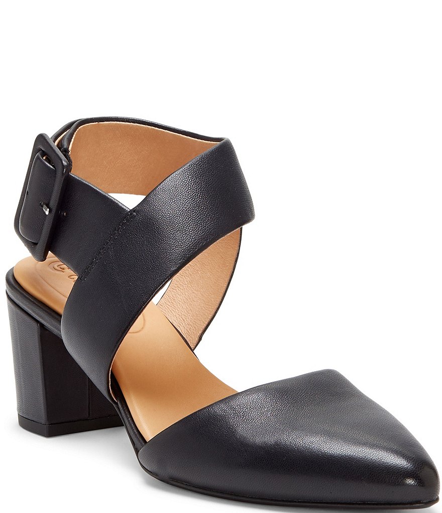 Riina Leather Asymmetrical Block Heel Pointed Toe Pumps