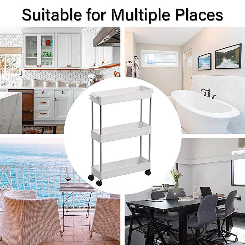 3 Tier Slim Storage Cart Mobile Shelving Unit Organizer Slide Out Storage Rolling Utility Cart Tower Rack for Kitchen Bathroom Laundry Narrow Places Plastic amp Stainless Steel White