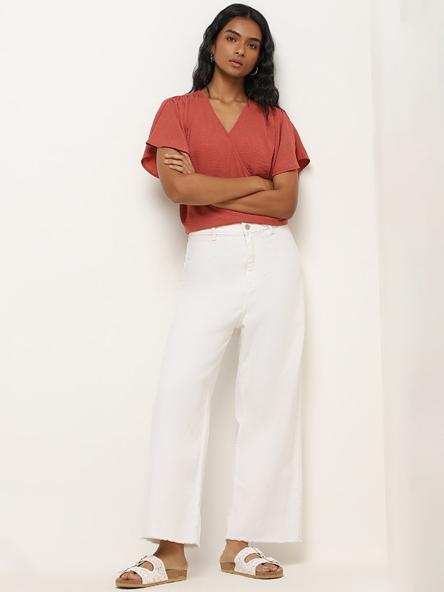 LOV by Westside Red Crinkle Textured Wrap-Over Top