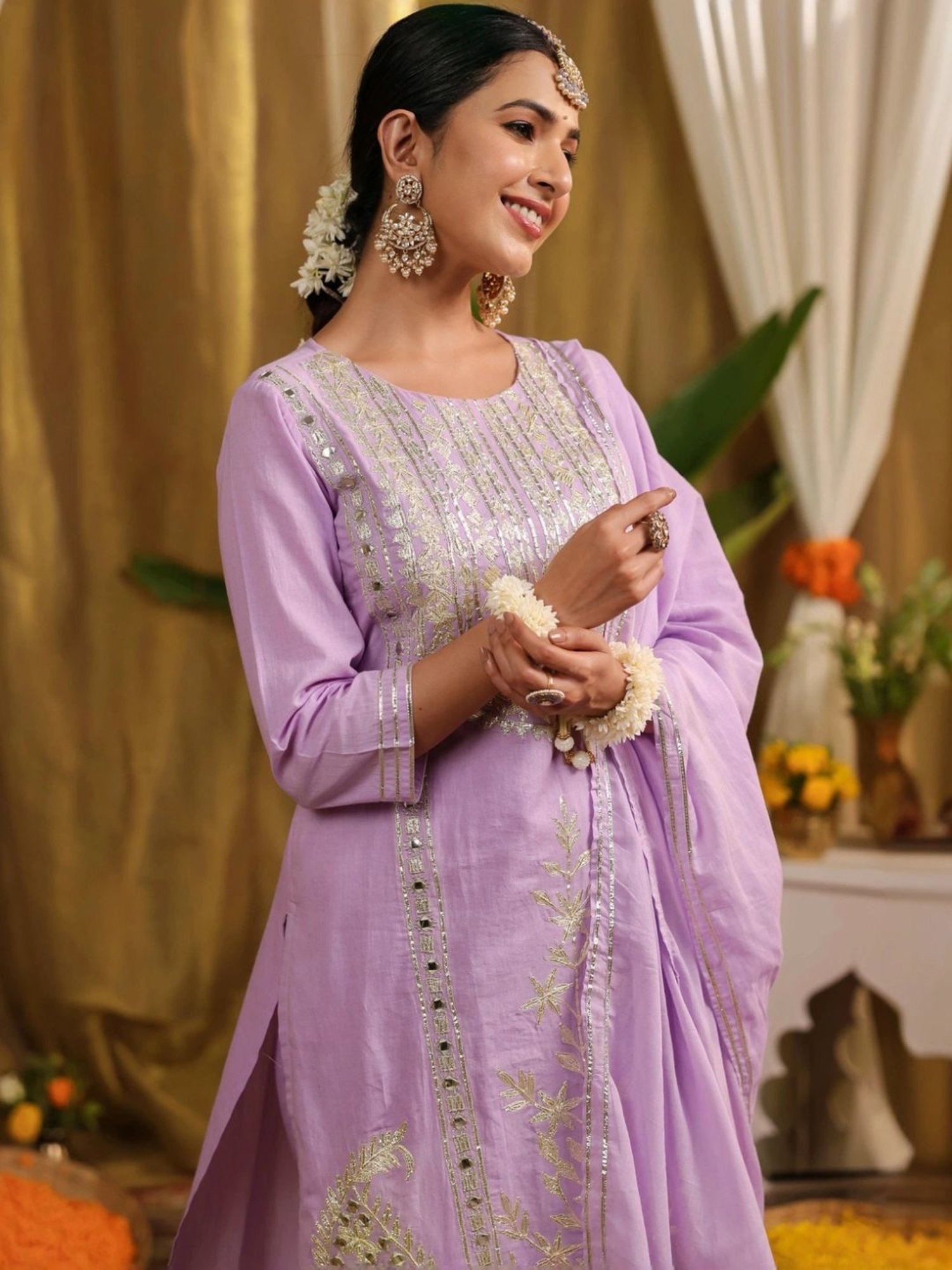 SCAKHI Lavender Cotton Gota & Mirror Work Kurta and Pant With Dupatta
