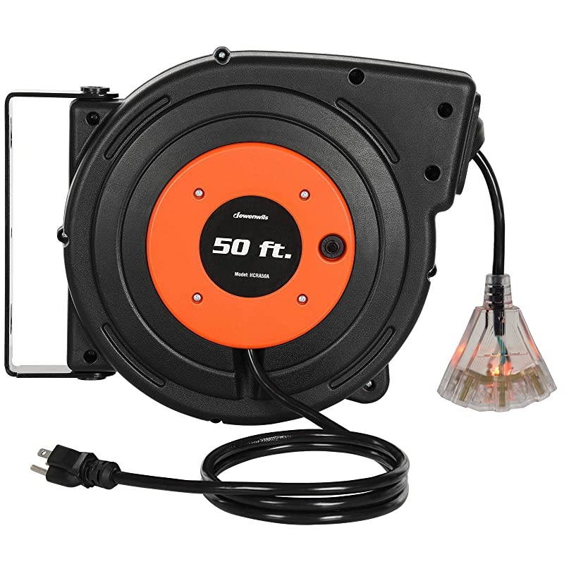 Retractable Extension Cord Reel 50 FT Heavy Duty Power Cord 14AWG3C SJTOW 3 Grounded Outlets Lighted Triple Tap 13 Amp Circuit Breaker UL Listed