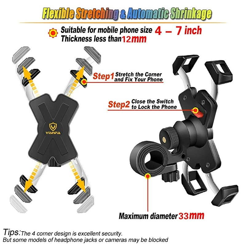 New Bike Phone Mount with Stainless Steel Clamp Arms Anti Shake and Stable 360&deg; Rotation Bike AccessoriesBike Phone Holder for Any Smartphones GPS Other Devices Between 4 and 7 inches